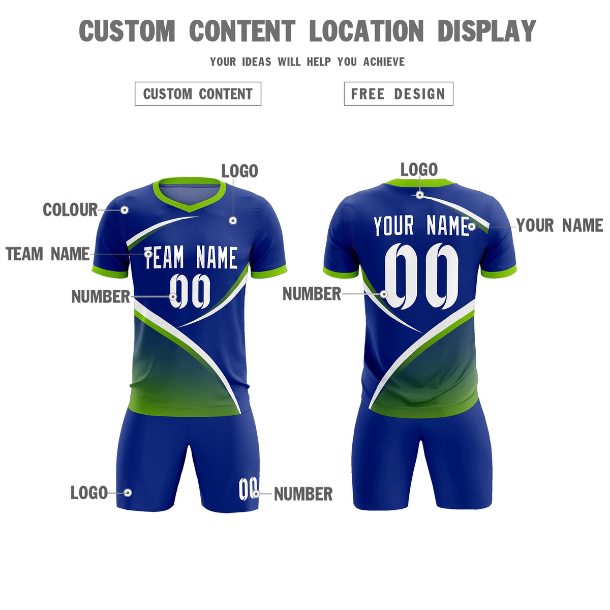 Custom Royal Neon Green Color Block Training Uniform For Men Soccer Sets Jersey
