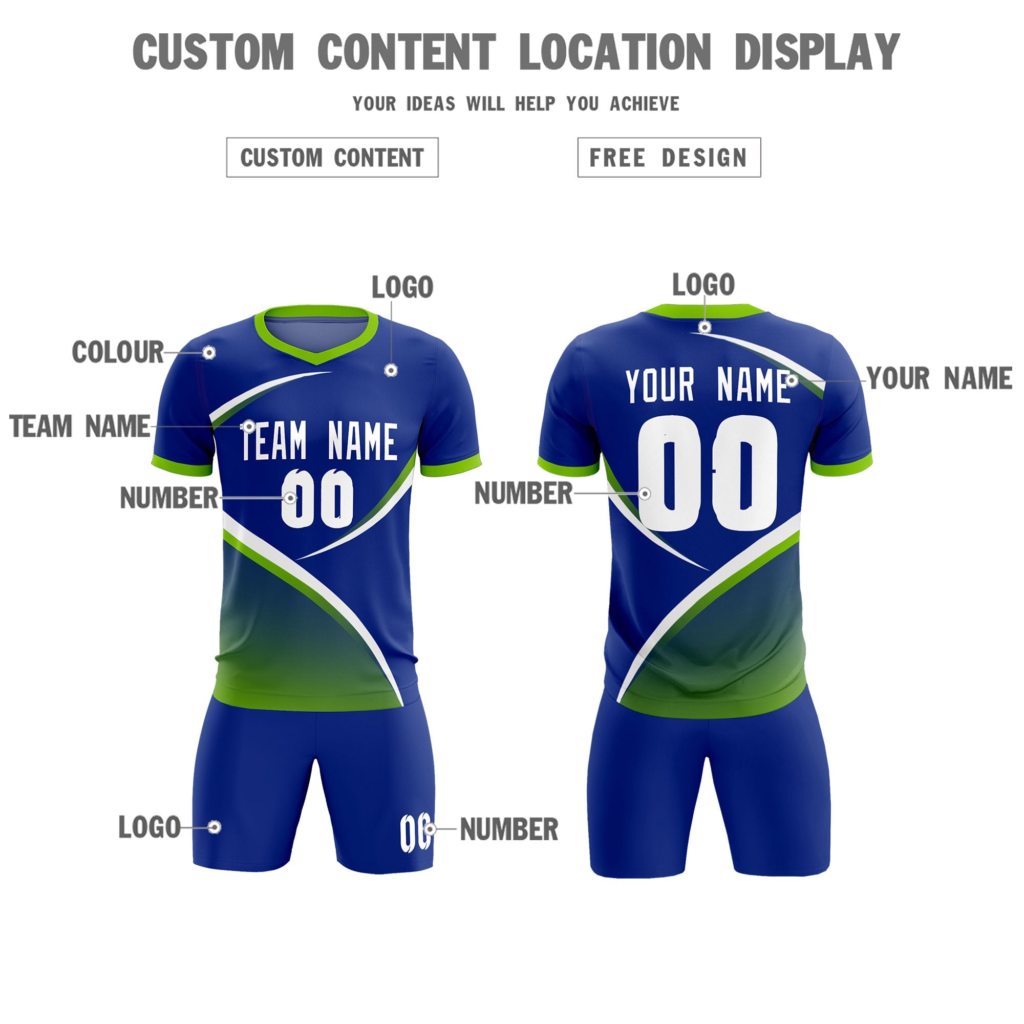 Custom Royal Neon Green Color Block Training Uniform For Men Soccer Sets Jersey