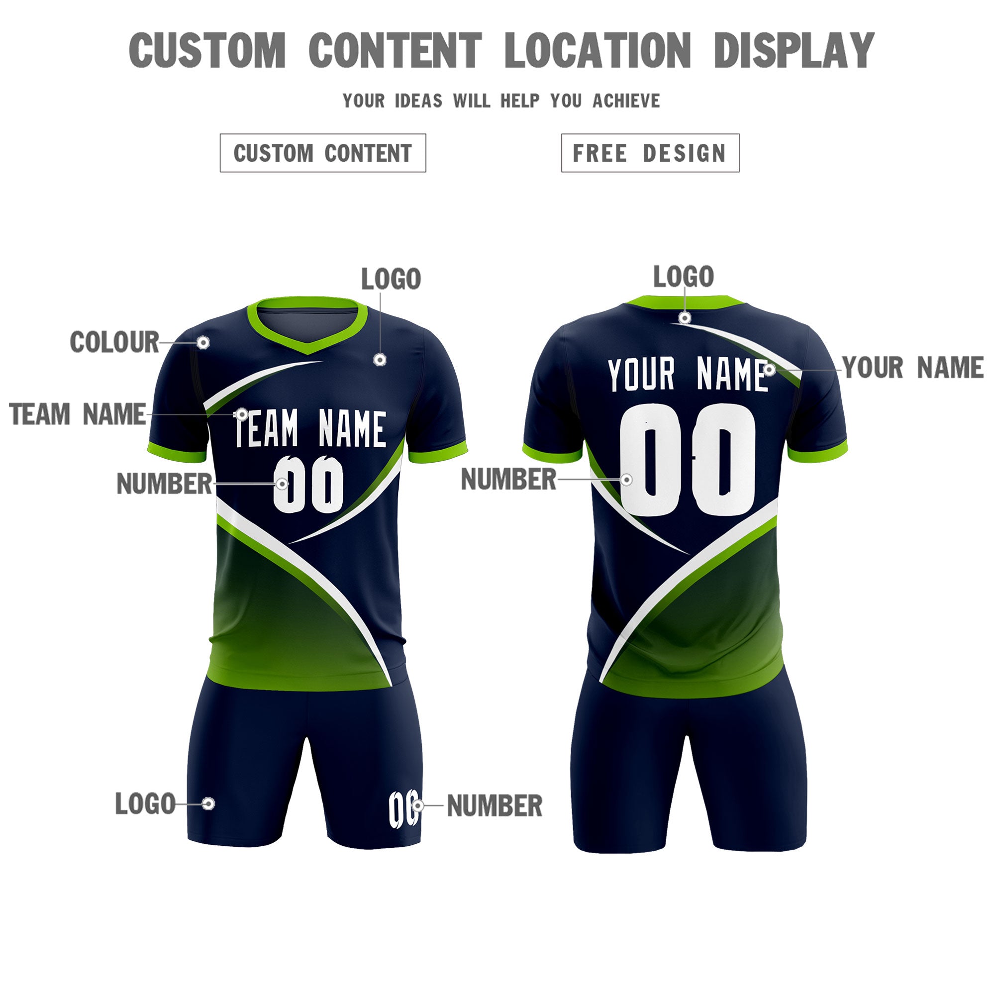 Custom Navy Neon Green Color Block Training Uniform For Men Soccer Sets Jersey