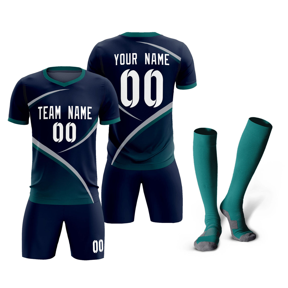 Custom Navy Aqua Color Block Training Uniform For Men Soccer Sets Jersey