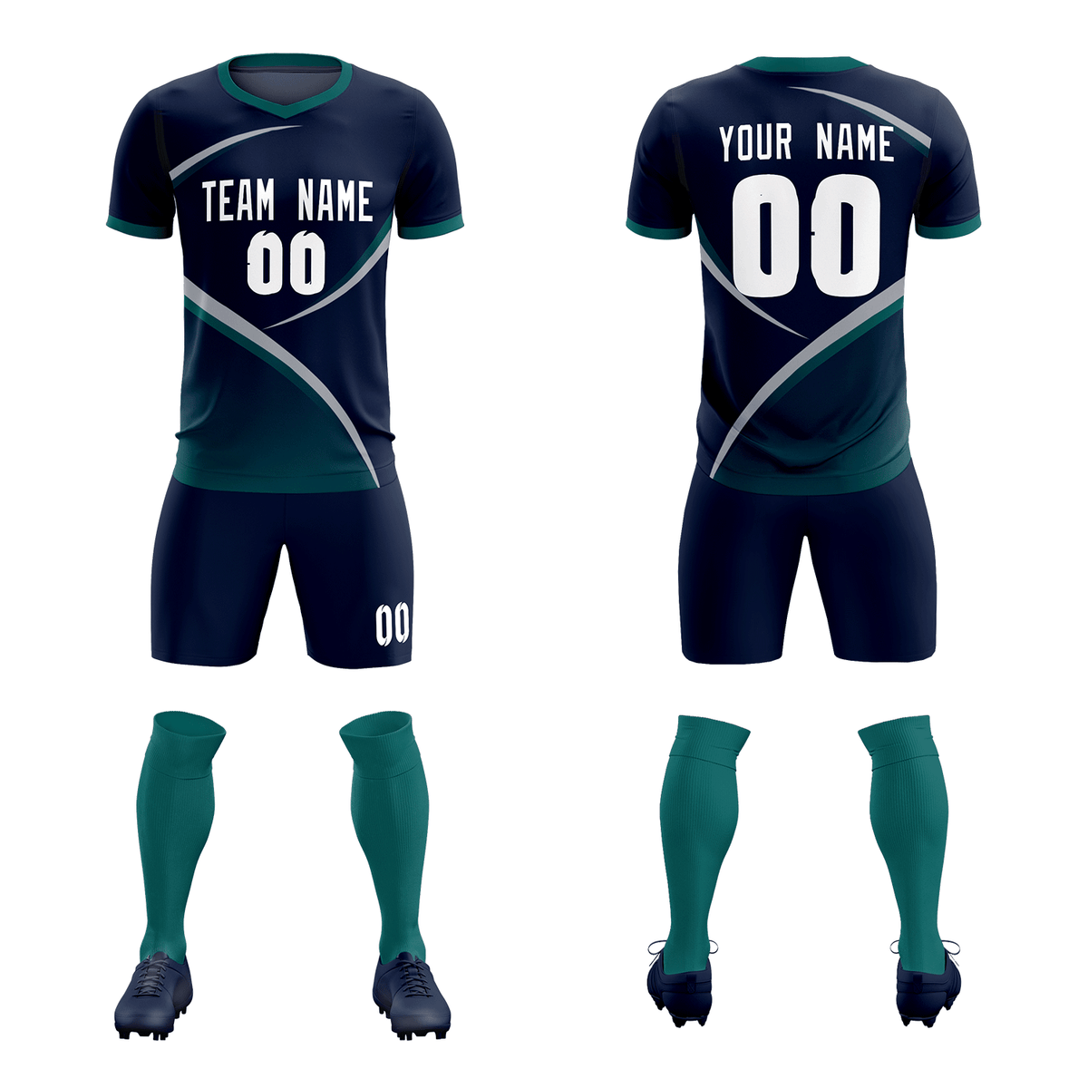 Custom Navy Aqua Color Block Training Uniform For Men Soccer Sets Jersey