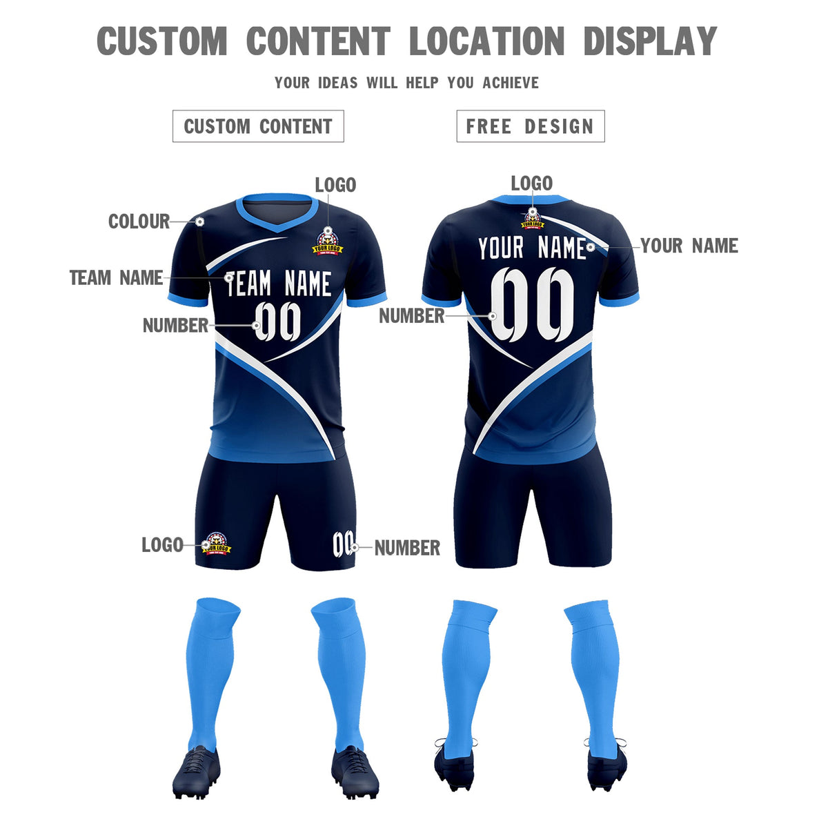 Custom Navy Powder Blue Color Block Training Uniform For Men Soccer Sets Jersey