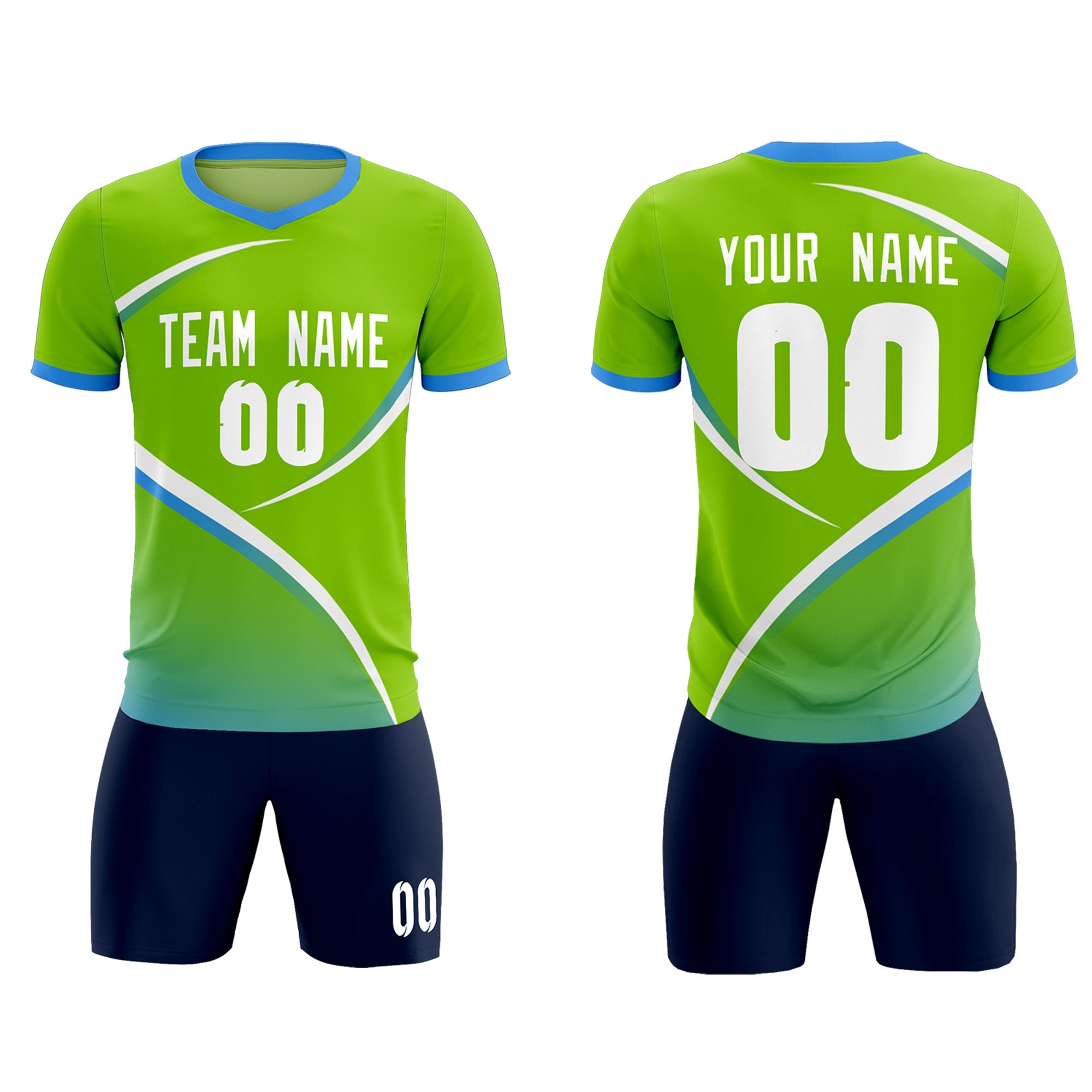 Custom Neon Green Powder Blue Color Block Training Uniform For Men Soccer Sets Jersey