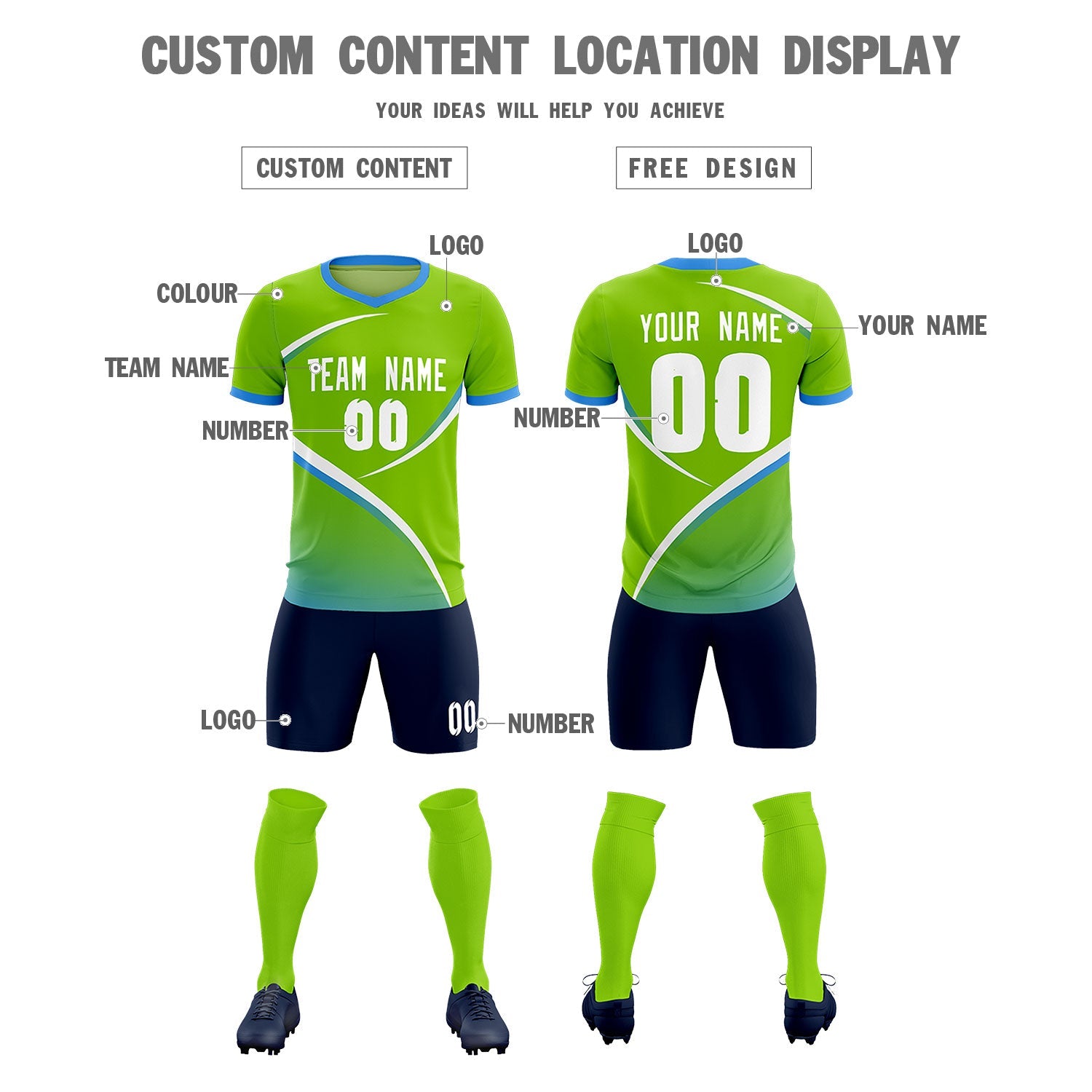 Custom Neon Green Powder Blue Color Block Training Uniform For Men Soccer Sets Jersey