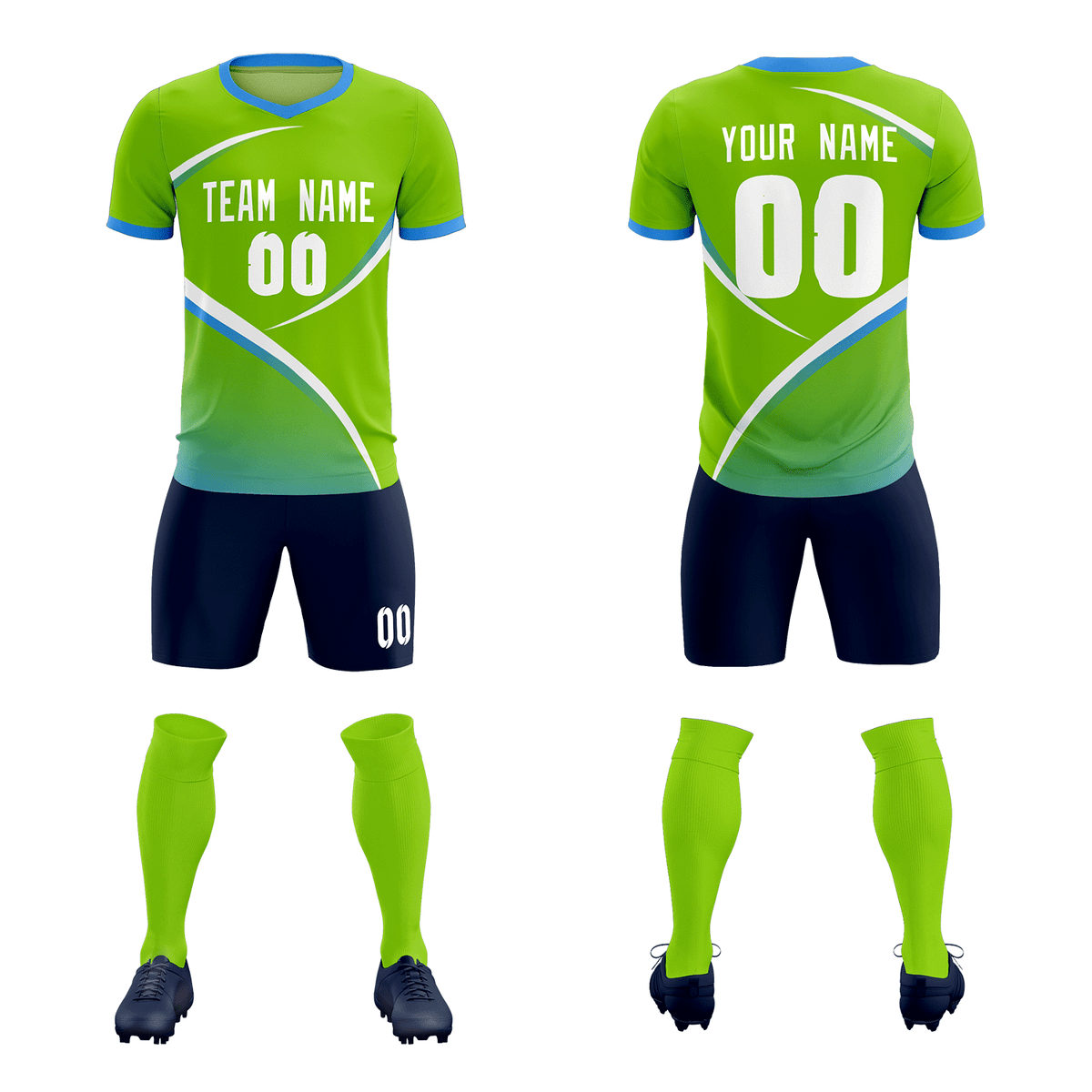 Custom Neon Green Powder Blue Color Block Training Uniform For Men Soccer Sets Jersey