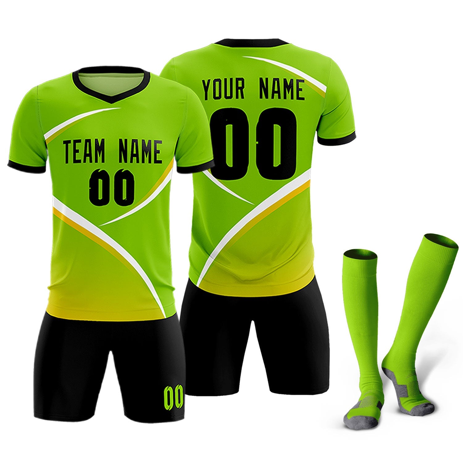Custom Neon Green Black Color Block Training Uniform For Men Soccer Sets Jersey