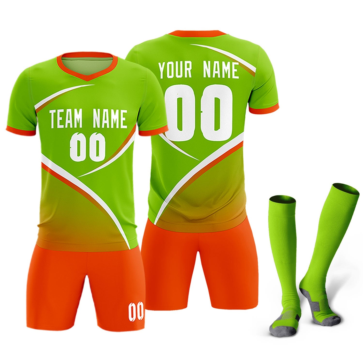 Custom Neon Green Orange Color Block Training Uniform For Men Soccer Sets Jersey