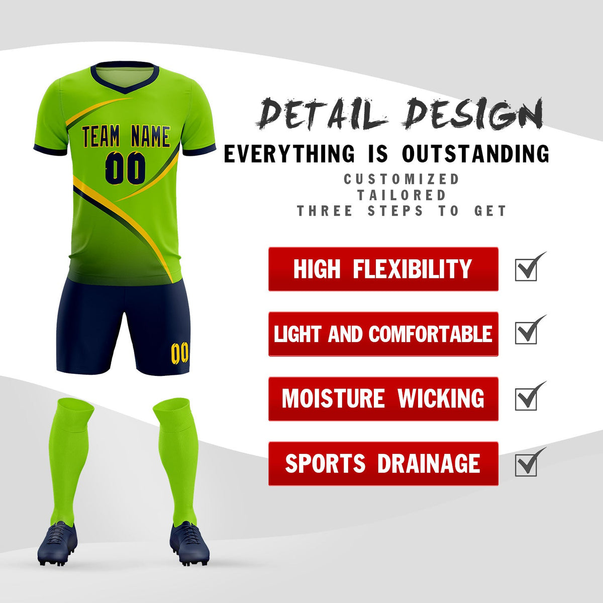 Custom Neon Green Navy Color Block Training Uniform For Men Soccer Sets Jersey