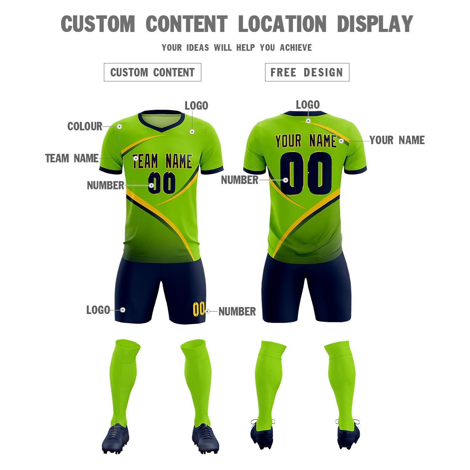 Custom Neon Green Navy Color Block Training Uniform For Men Soccer Sets Jersey