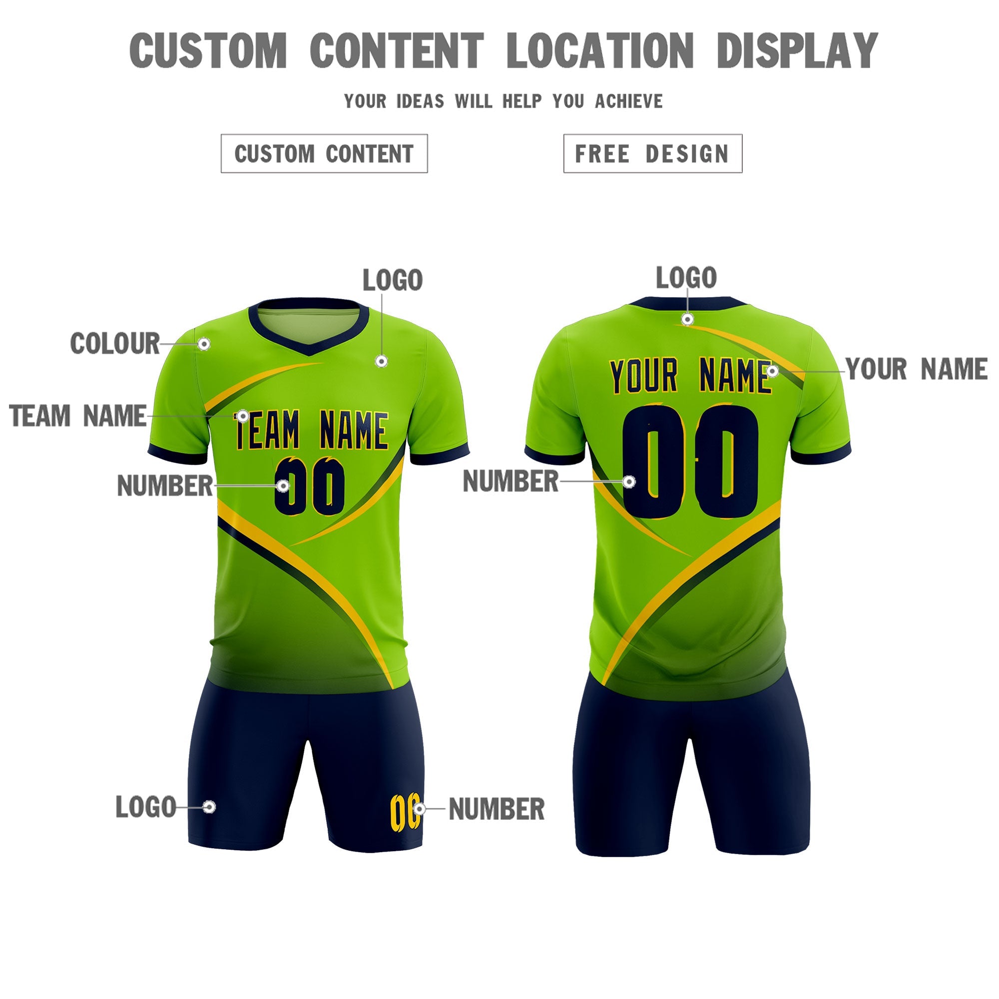 Custom Neon Green Navy Color Block Training Uniform For Men Soccer Sets Jersey