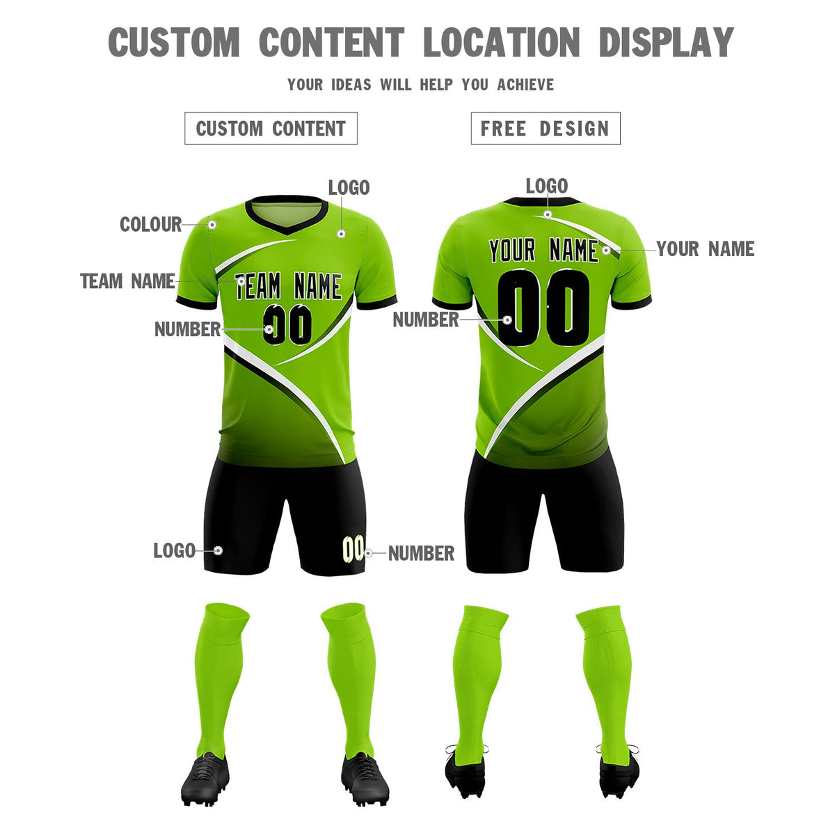 Custom Neon Green Black Color Block Training Uniform For Men Soccer Sets Jersey