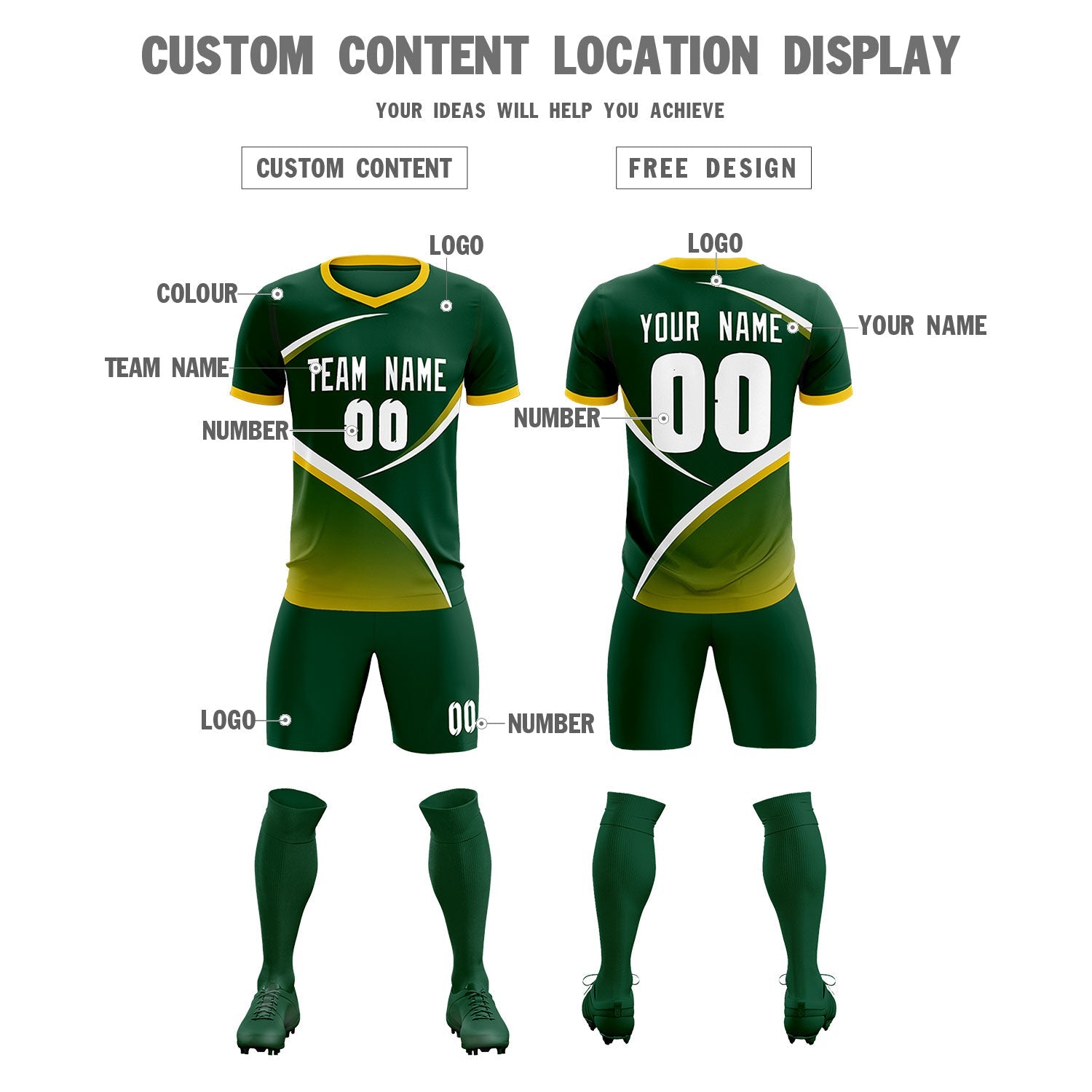Custom Green Gold Color Block Training Uniform For Men Soccer Sets Jersey