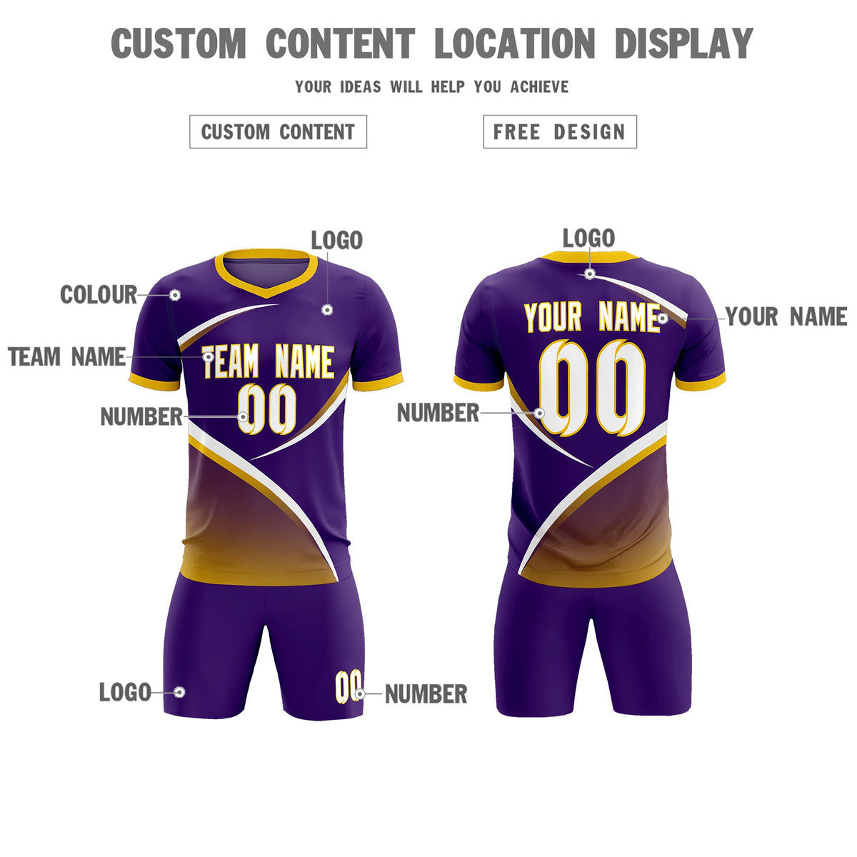 Custom Purple Gold Color Block Training Uniform For Men Soccer Sets Jersey