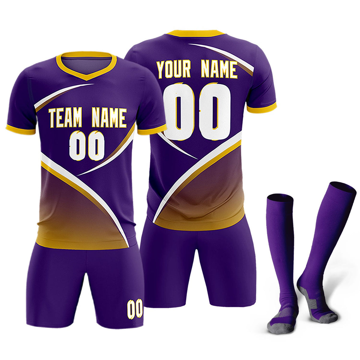 Custom Purple Gold Color Block Training Uniform For Men Soccer Sets Jersey
