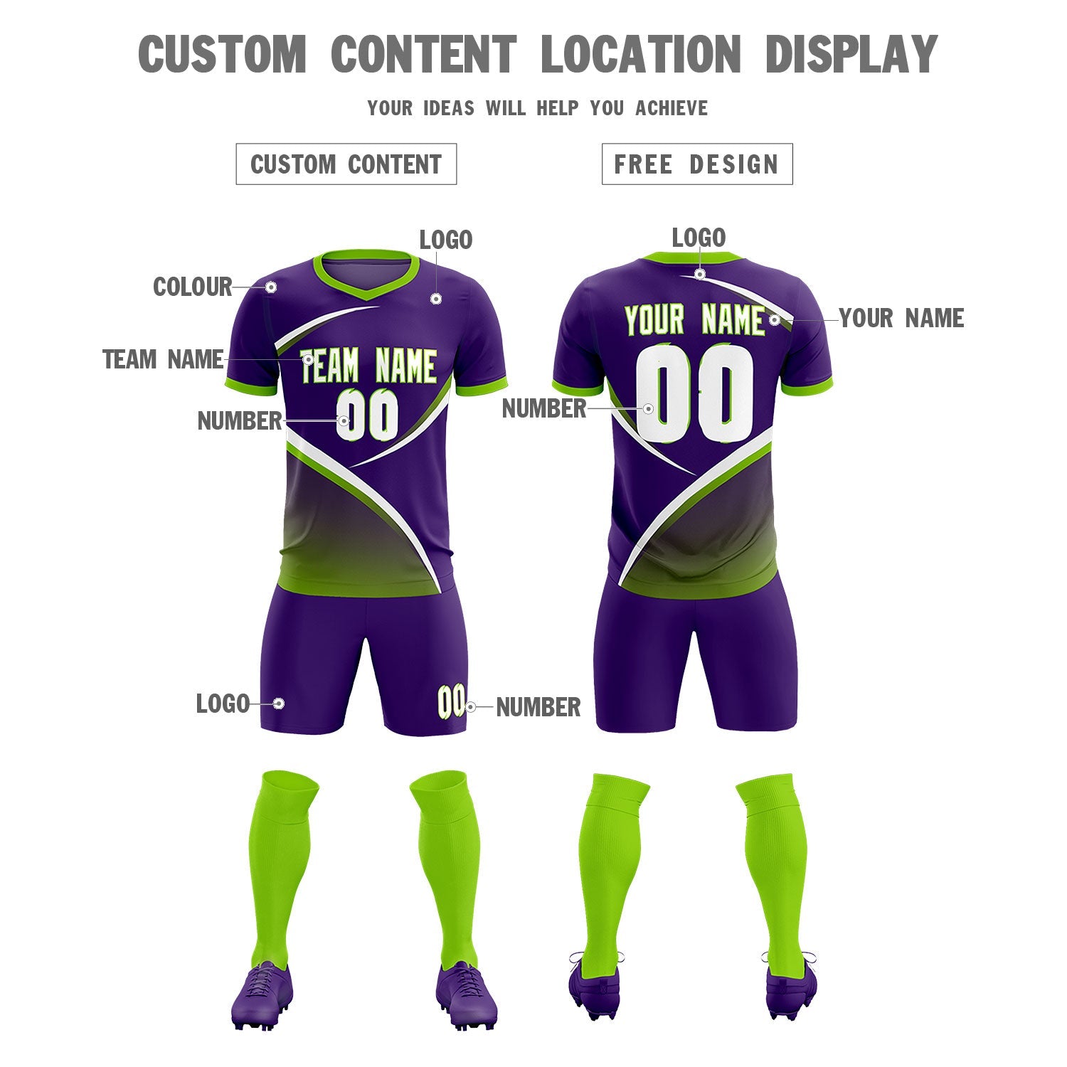 Custom Purple Neon Green Color Block Training Uniform For Men Soccer Sets Jersey