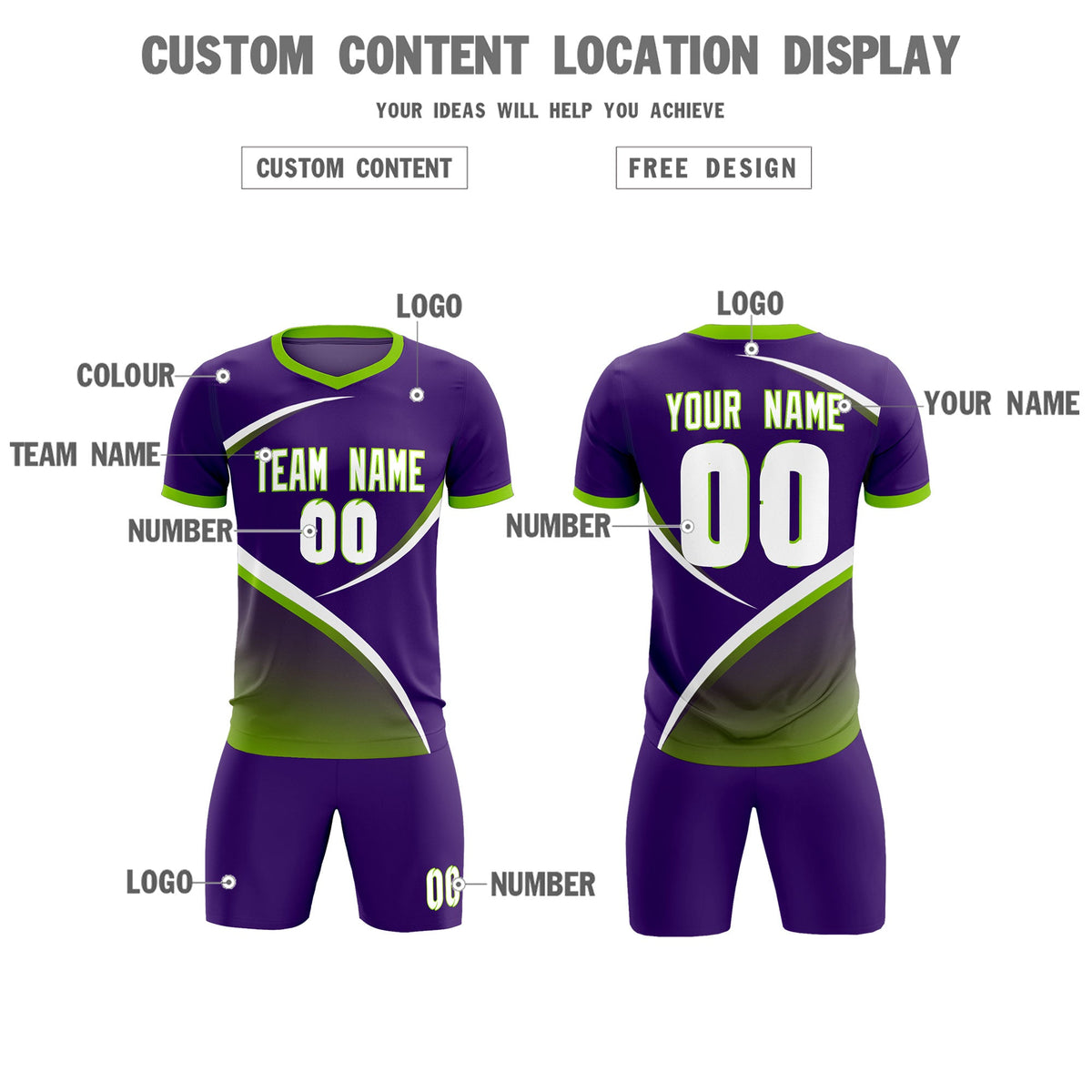 Custom Purple Neon Green Color Block Training Uniform For Men Soccer Sets Jersey