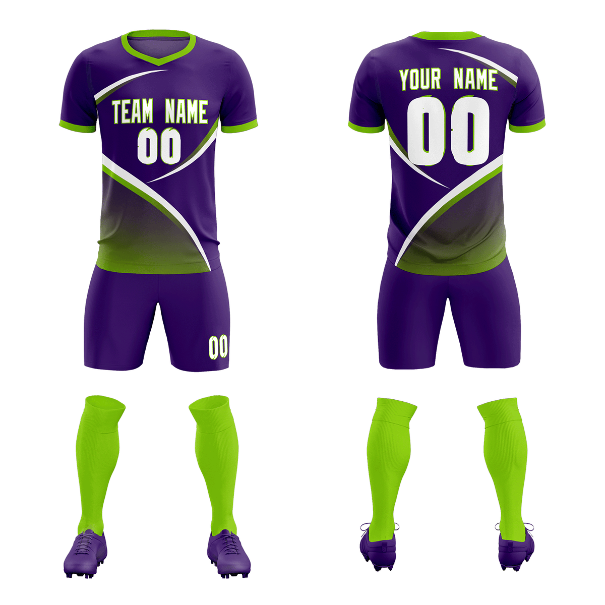 Custom Purple Neon Green Color Block Training Uniform For Men Soccer Sets Jersey