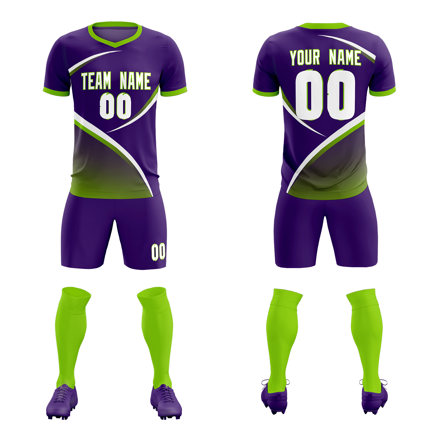 Custom Purple Neon Green Color Block Training Uniform For Men Soccer Sets Jersey