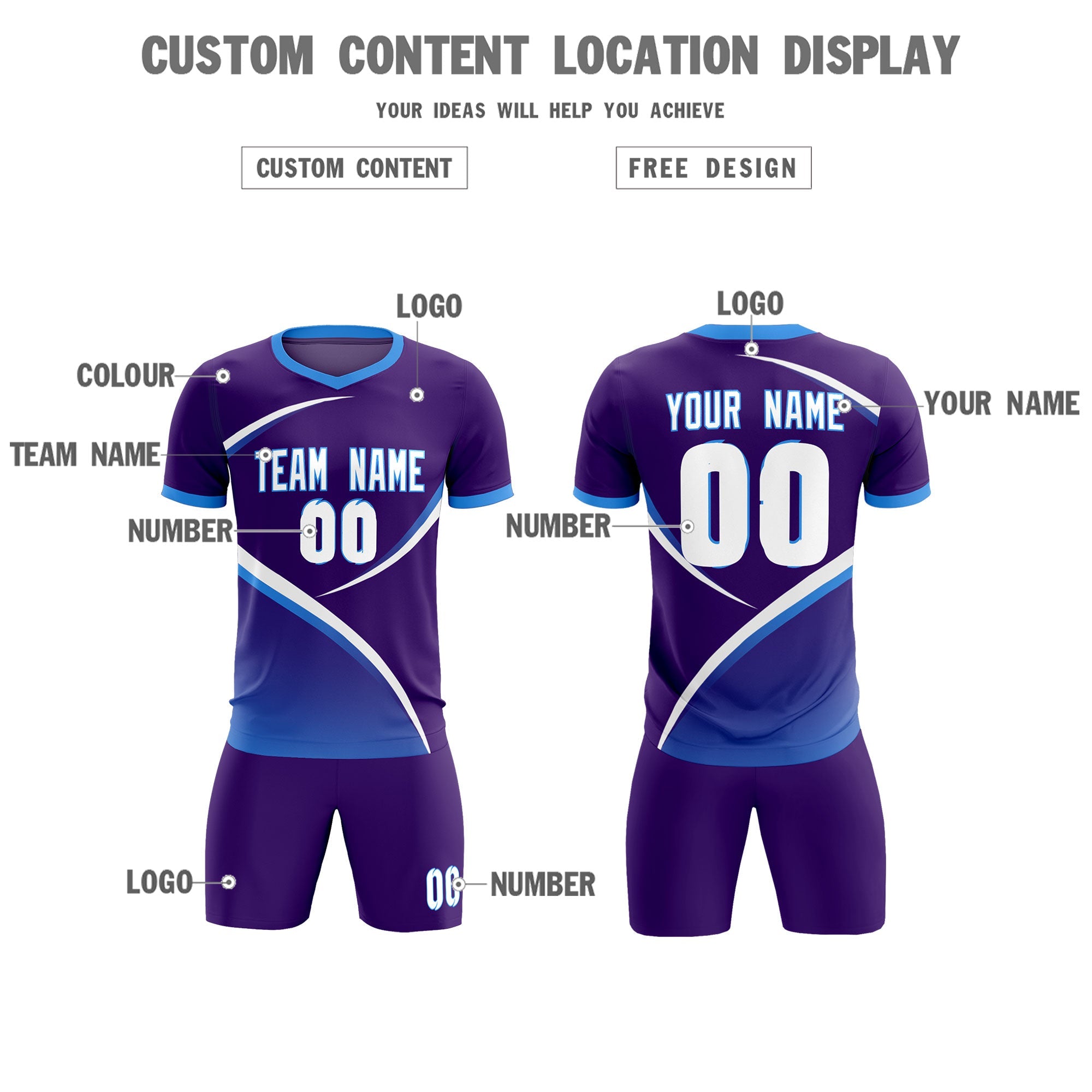 Custom Purple Powder Blue Color Block Training Uniform For Men Soccer Sets Jersey