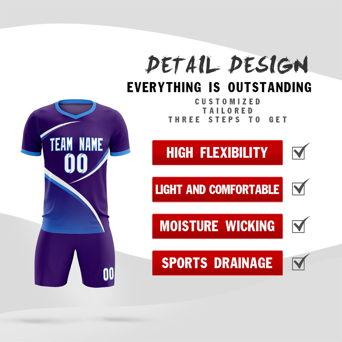 Custom Purple Powder Blue Color Block Training Uniform For Men Soccer Sets Jersey
