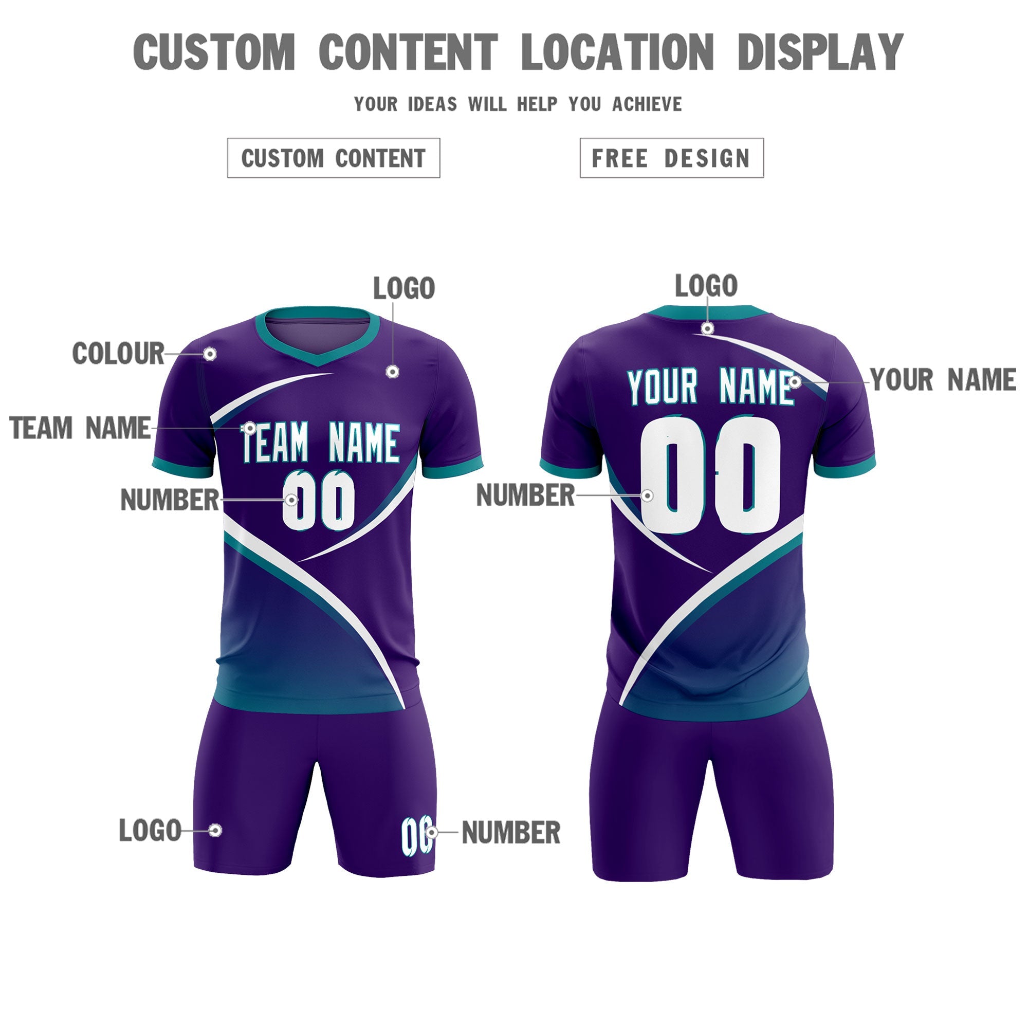 Custom Purple Aqua Color Block Training Uniform For Men Soccer Sets Jersey