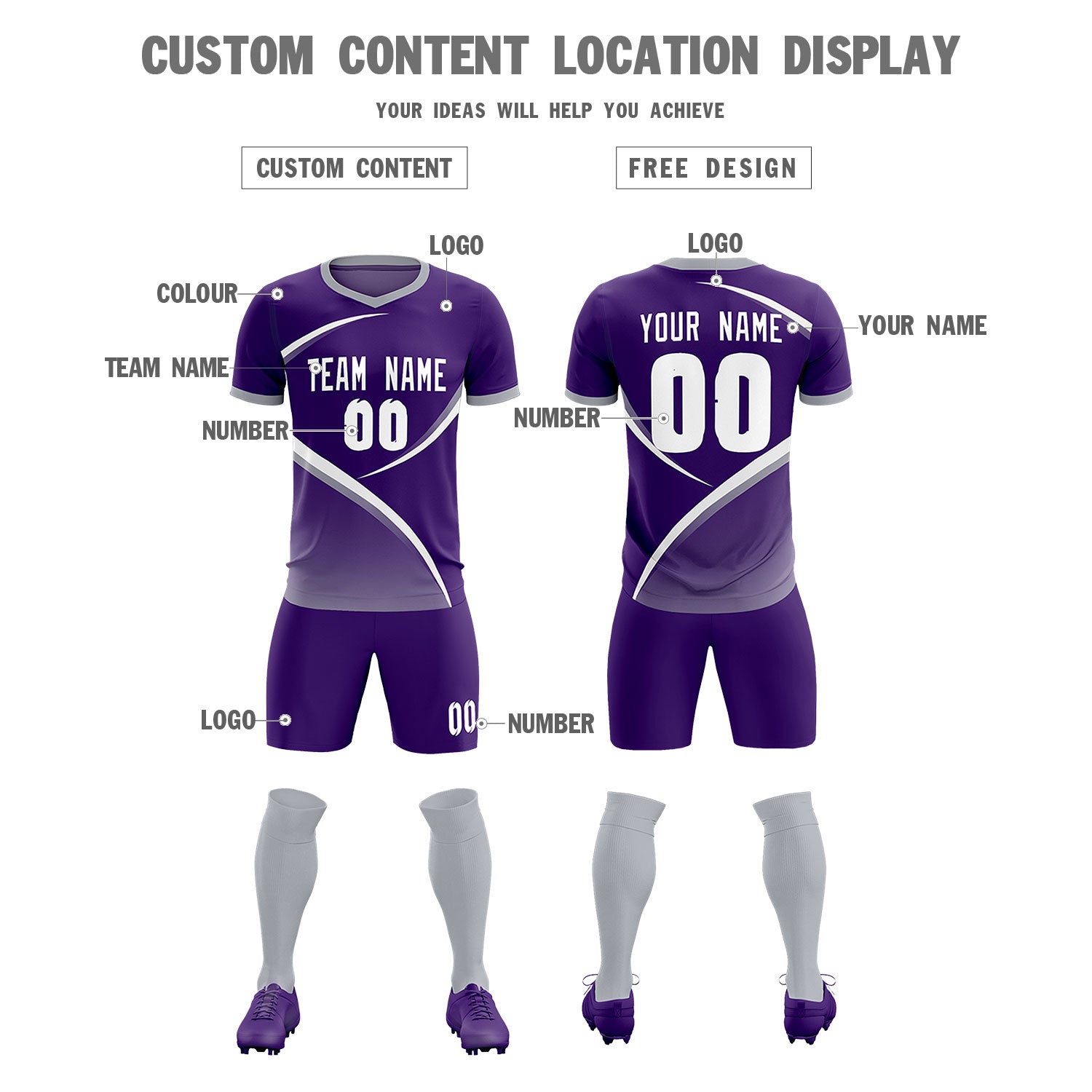 Custom Purple Gray Color Block Training Uniform For Men Soccer Sets Jersey