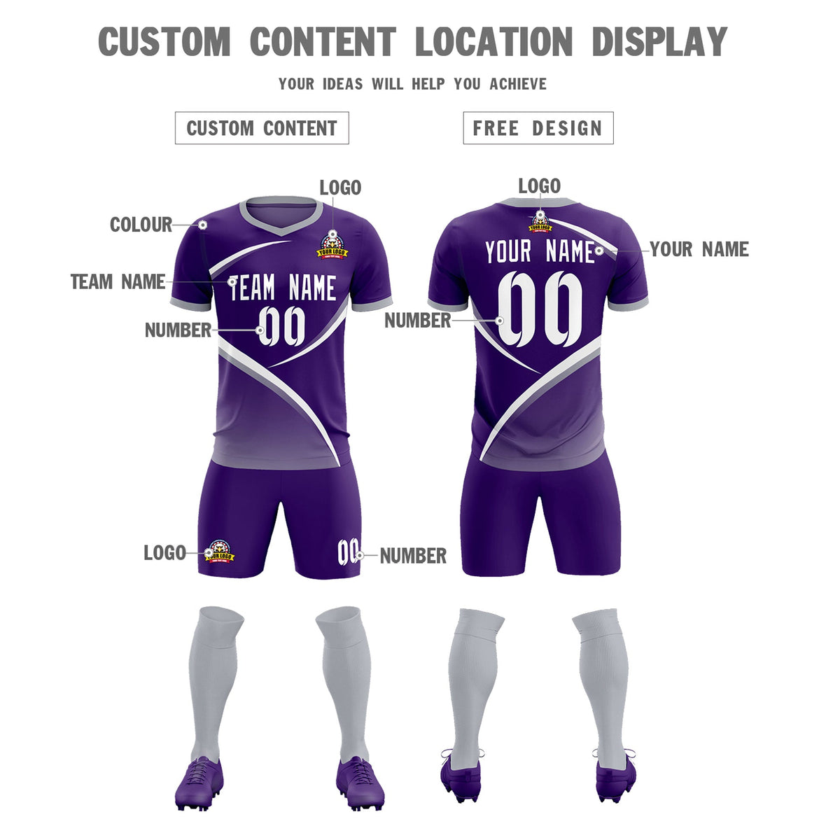 Custom Purple Gray Color Block Training Uniform For Men Soccer Sets Jersey