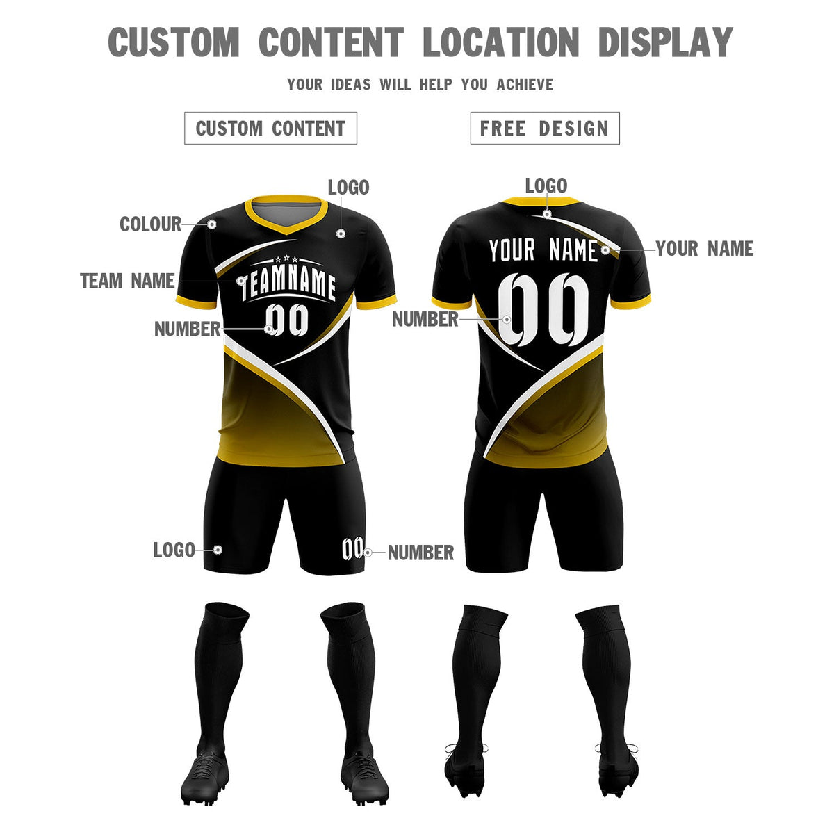 Custom Black Gold Color Block Training Uniform For Men Soccer Sets Jersey