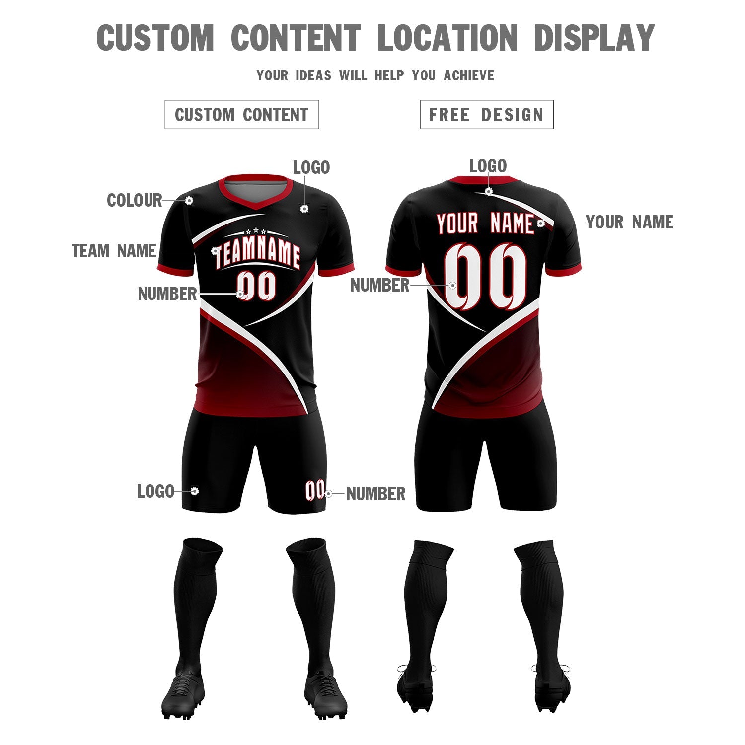 Custom Black Red Color Block Training Uniform For Men Soccer Sets Jersey