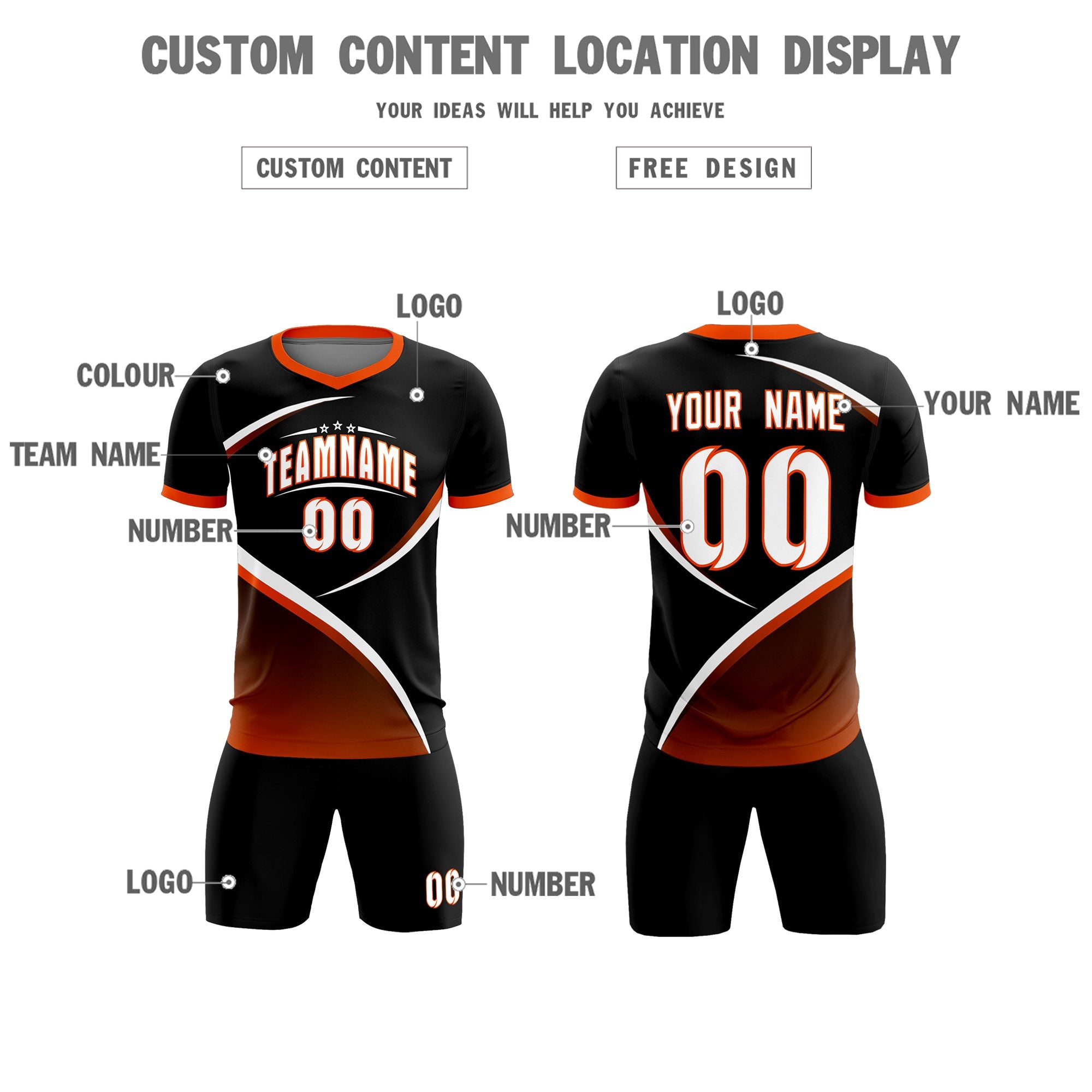 Custom Black Orange Color Block Training Uniform For Men Soccer Sets Jersey