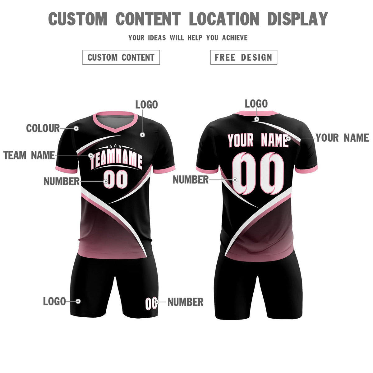 Custom Black Light Pink Color Block Training Uniform For Men Soccer Sets Jersey
