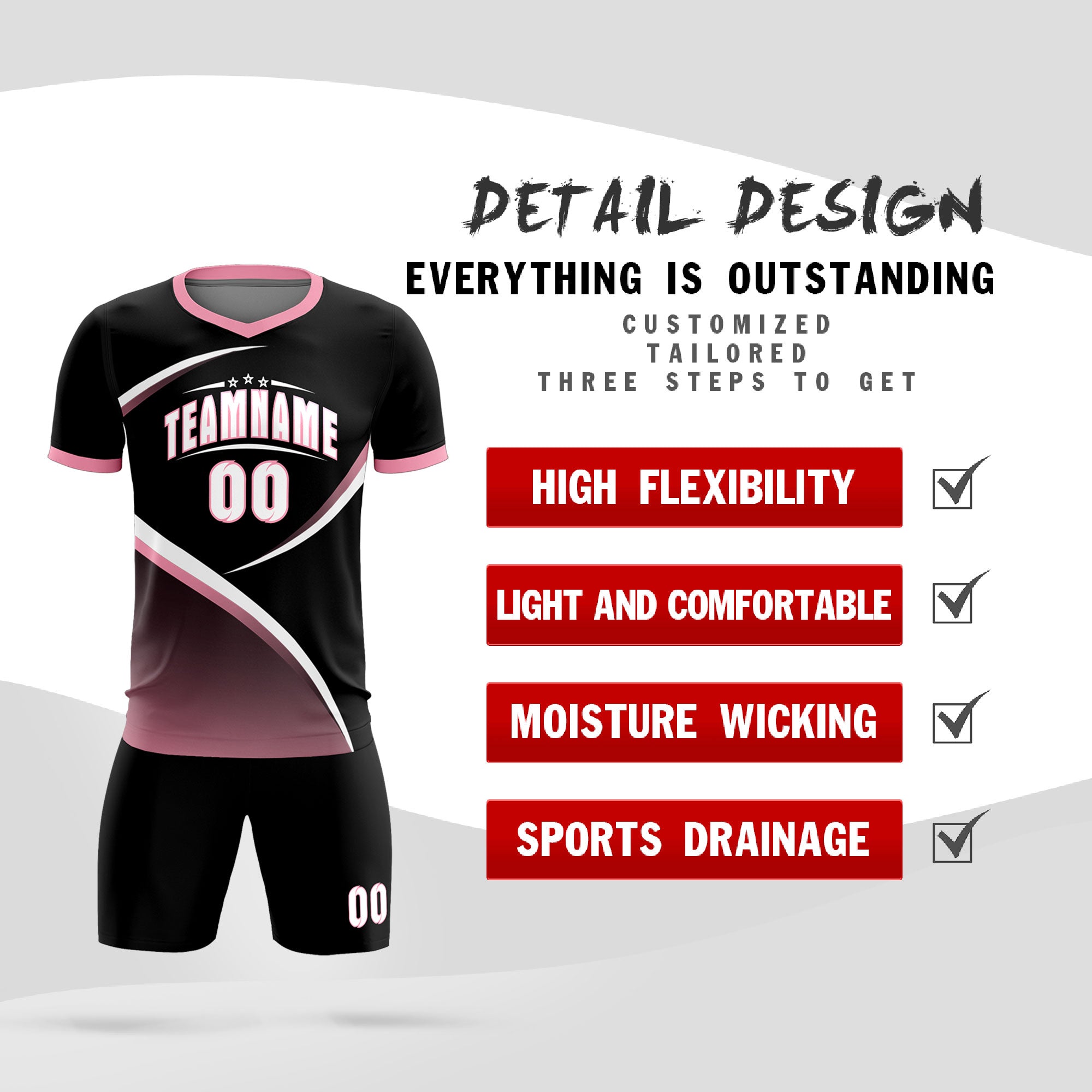 Custom Black Light Pink Color Block Training Uniform For Men Soccer Sets Jersey