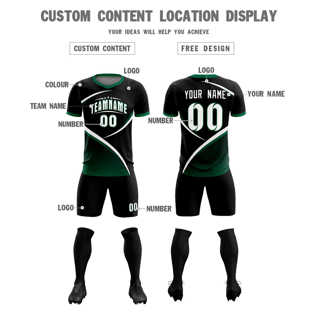 Custom Black Kelly Green Color Block Training Uniform For Men Soccer Sets Jersey