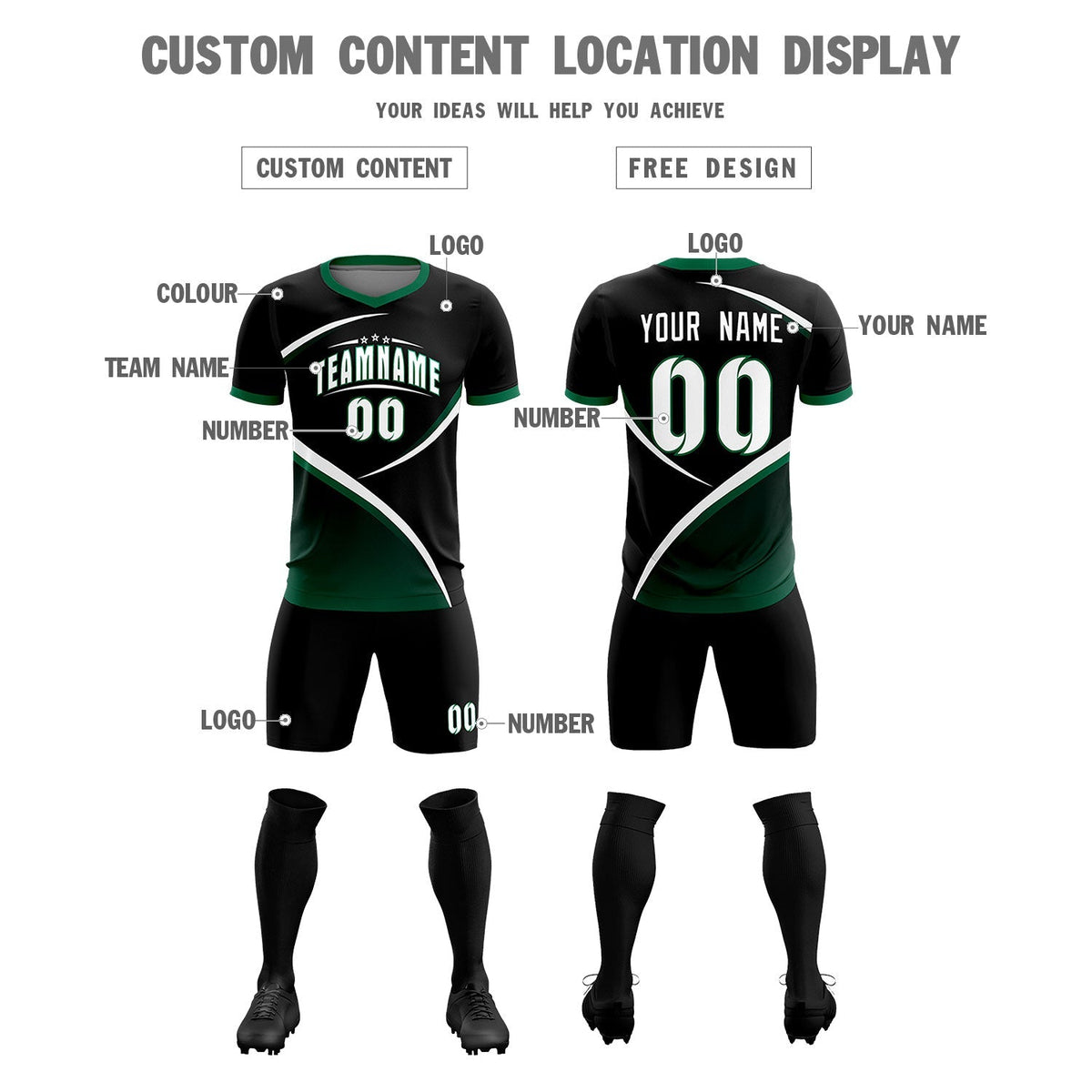 Custom Black Kelly Green Color Block Training Uniform For Men Soccer Sets Jersey