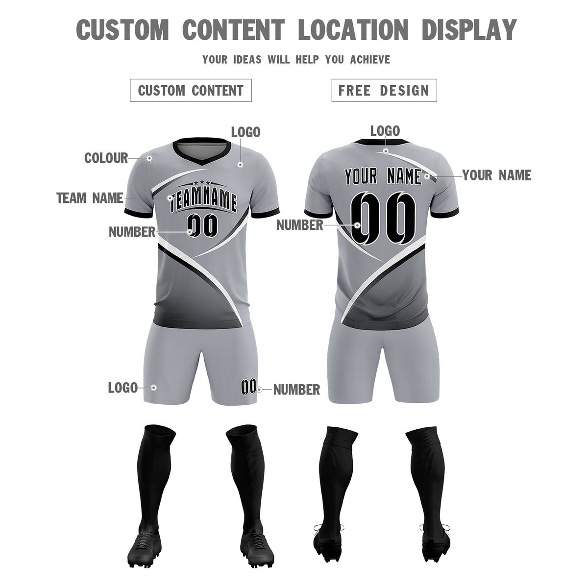 Custom Gray Black Color Block Training Uniform For Men Football Kits Jersey