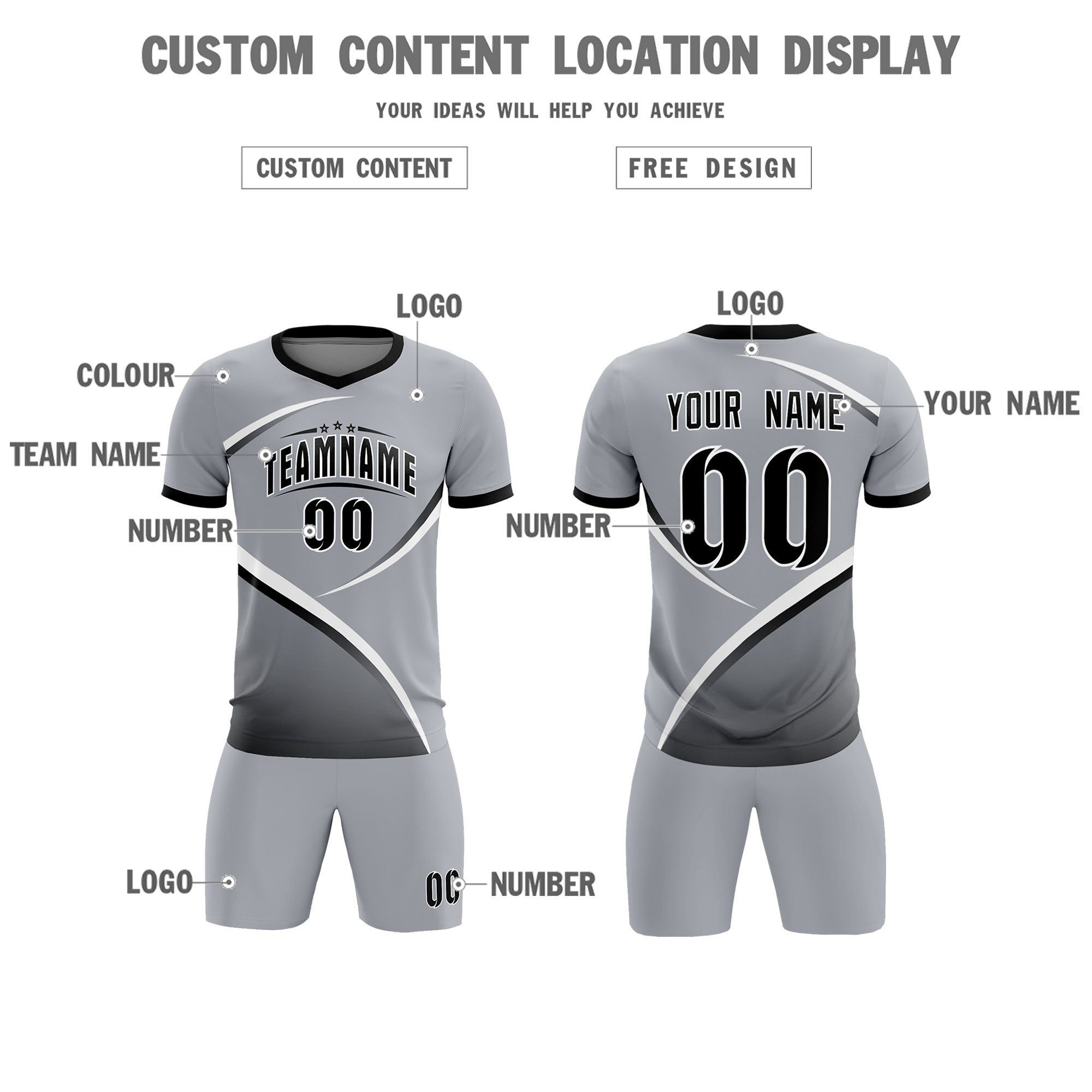 Custom Gray Black Color Block Training Uniform For Men Soccer Sets Jersey