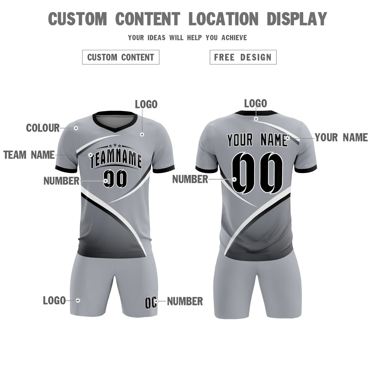 Custom Gray Black Color Block Training Uniform For Men Football Kits Jersey