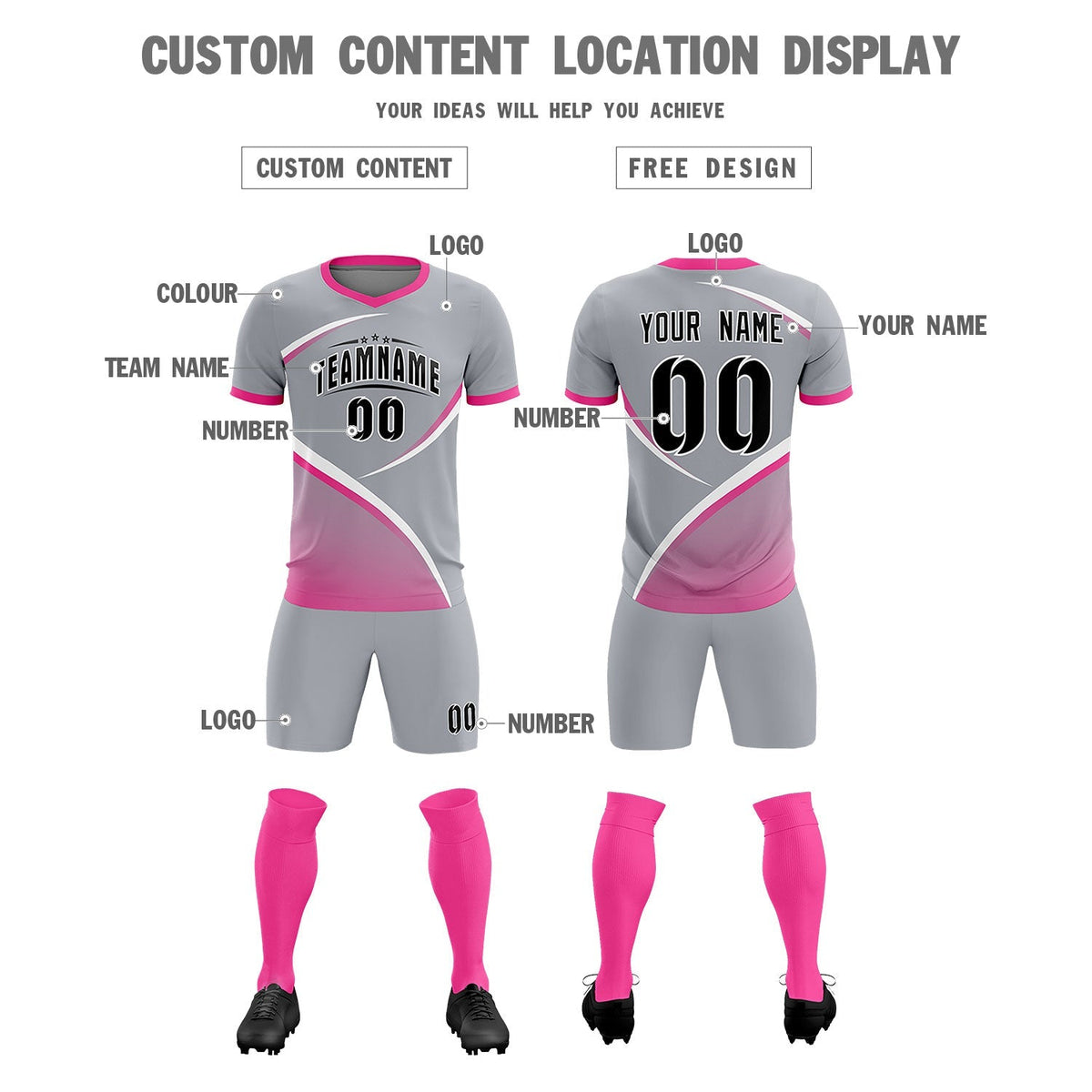 Custom Gray Pink Color Block Training Uniform For Men Football Kits Jersey