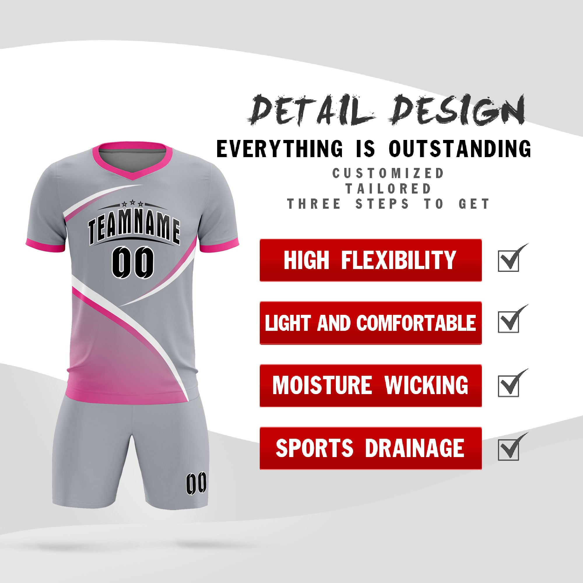 Custom Gray Pink Color Block Training Uniform For Men Soccer Sets Jersey