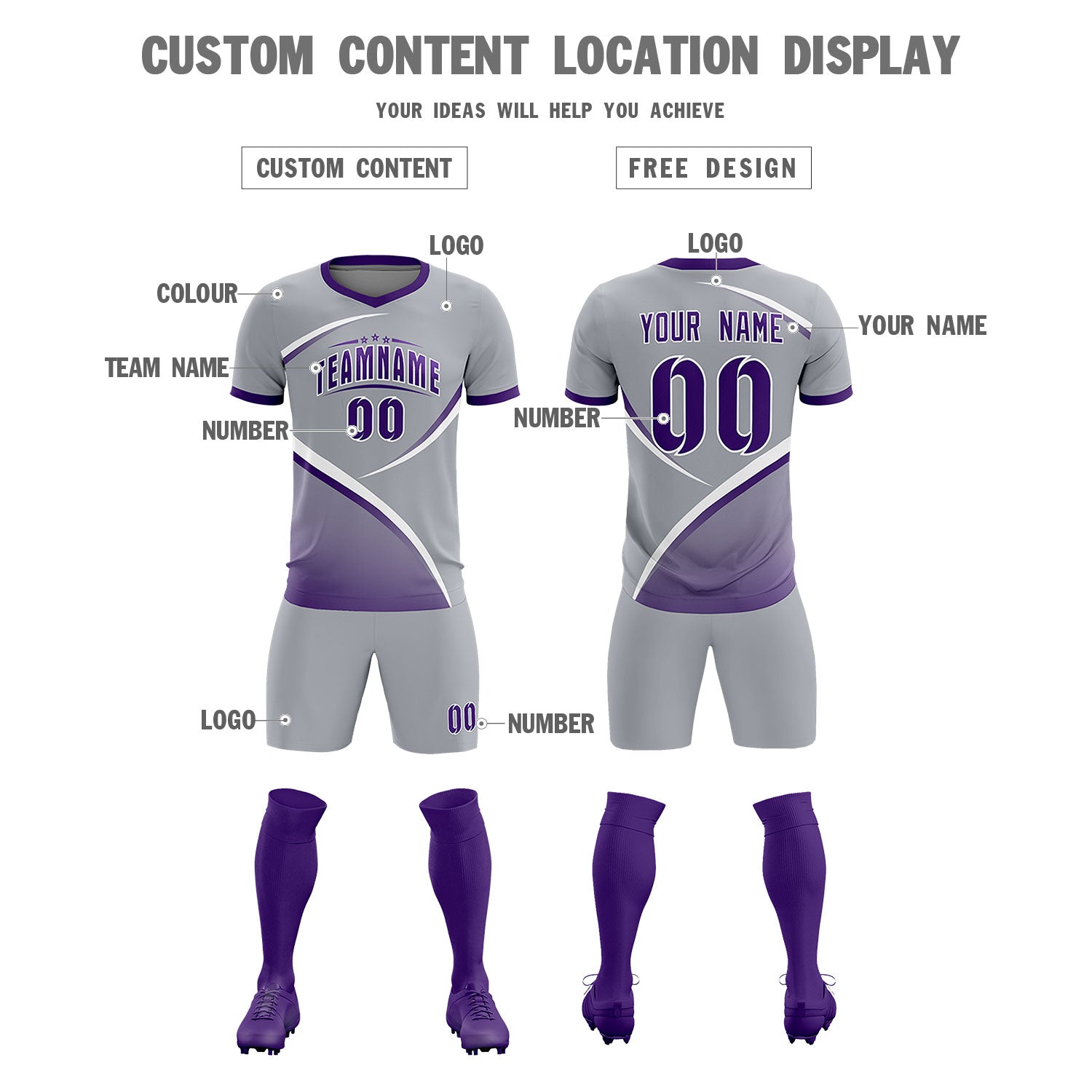 Custom Gray Purple Color Block Training Uniform For Men Soccer Sets Jersey