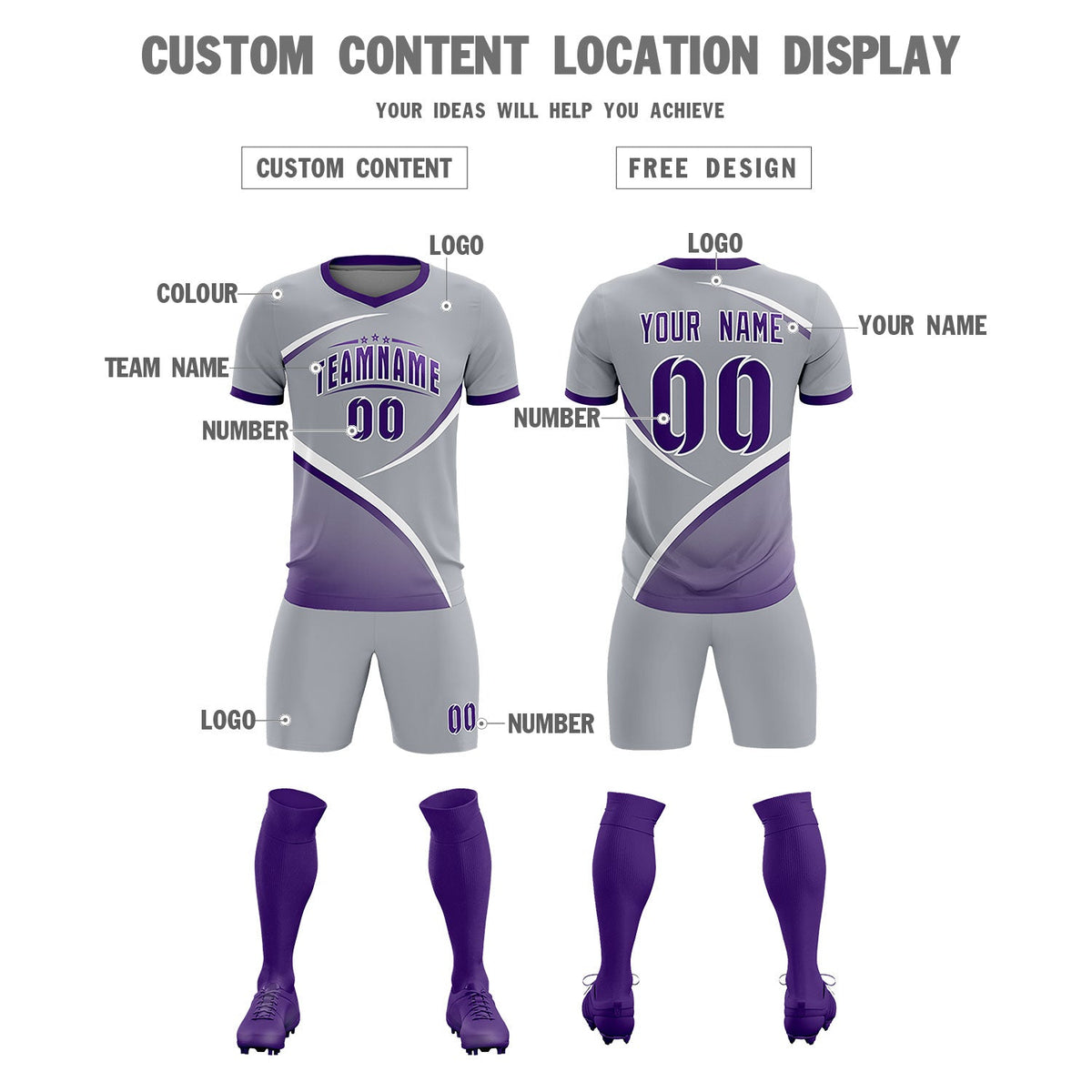 Custom Gray Purple Color Block Training Uniform For Men Football Kits Jersey