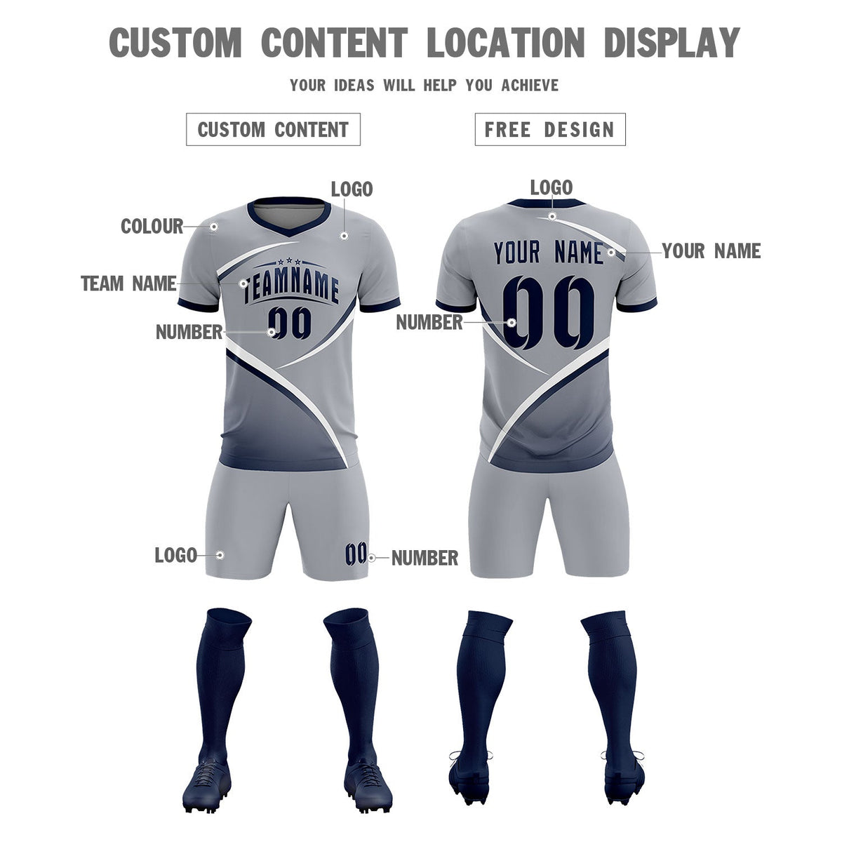 Custom Gray Navy Color Block Training Uniform For Men Football Kits Jersey