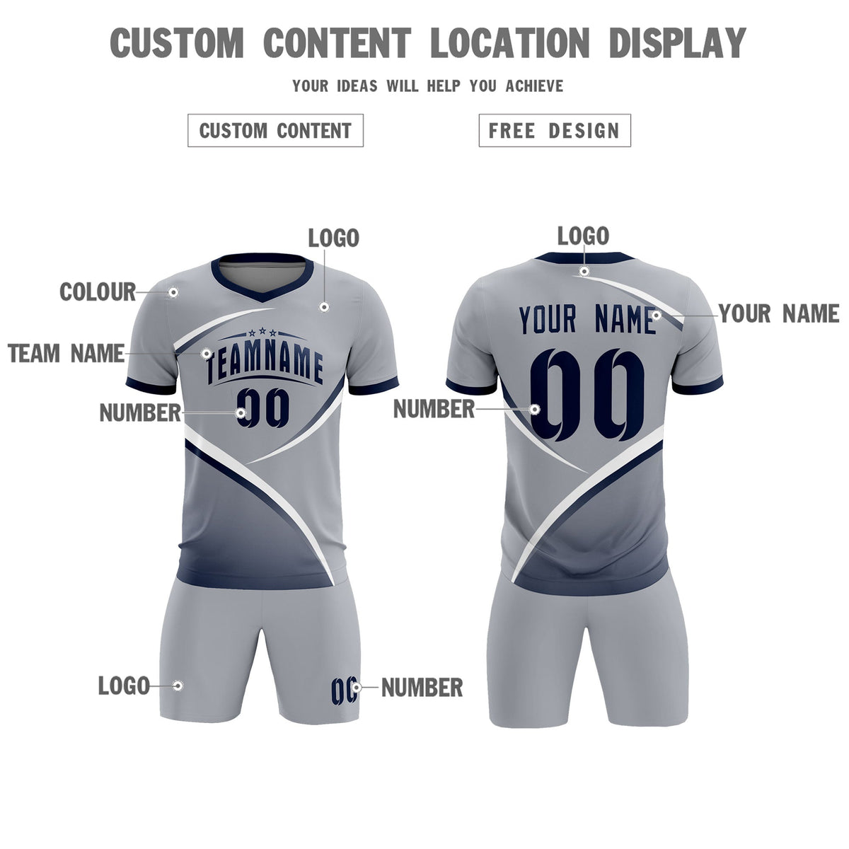 Custom Gray Navy Color Block Training Uniform For Men Football Kits Jersey