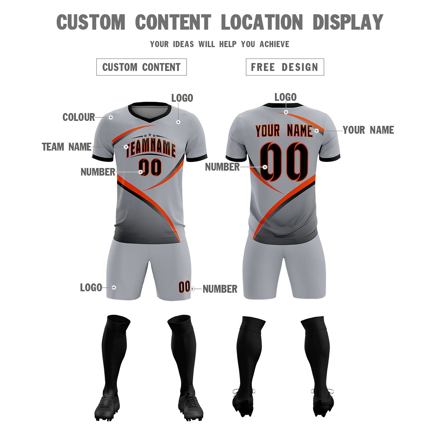 Custom Gray Black Color Block Training Uniform For Men Soccer Sets Jersey