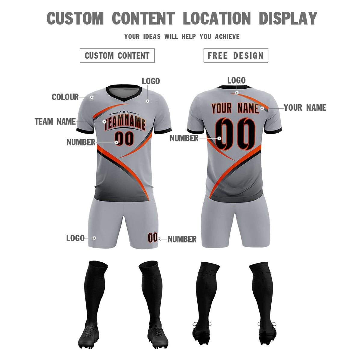 Custom Gray Black Color Block Training Uniform For Men Football Kits Jersey