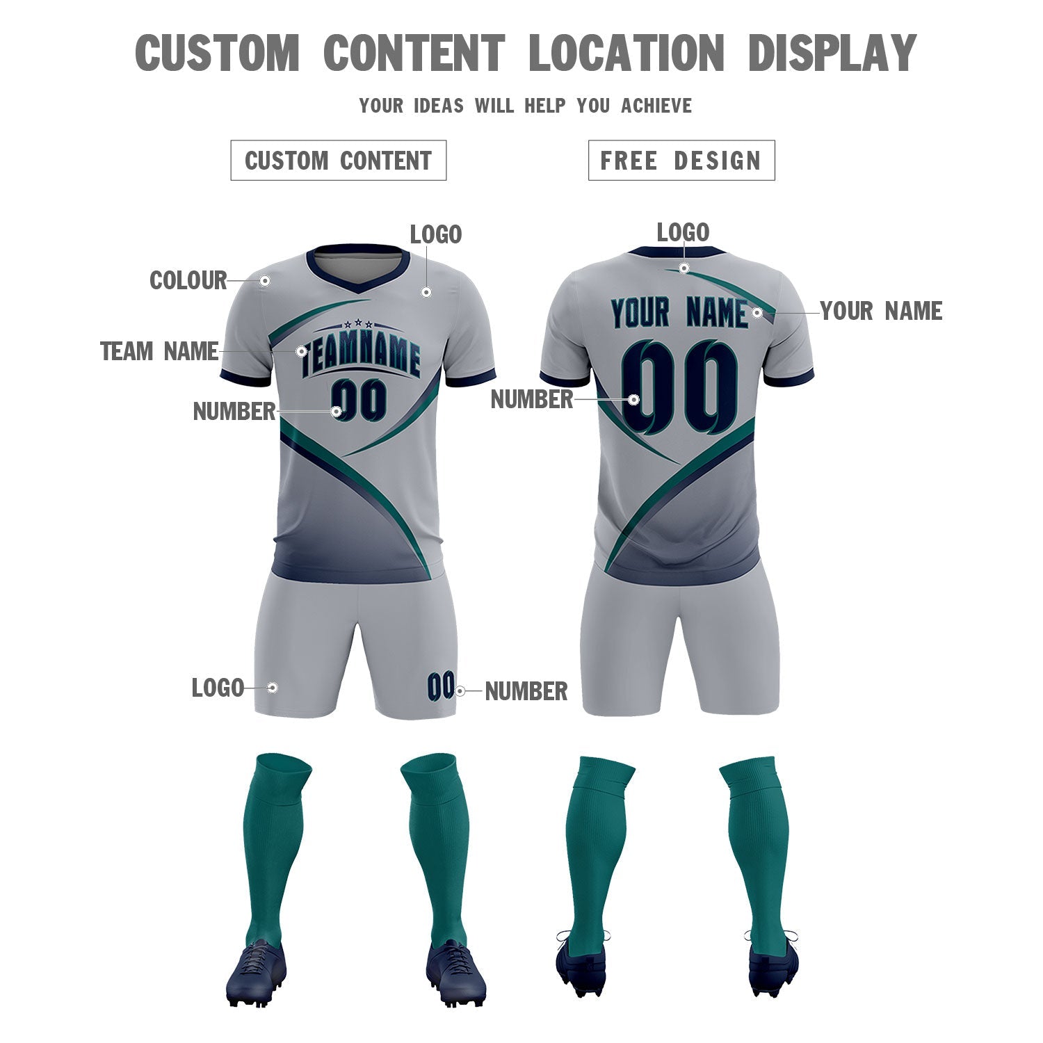 Custom Gray Navy Color Block Training Uniform For Men Soccer Sets Jersey