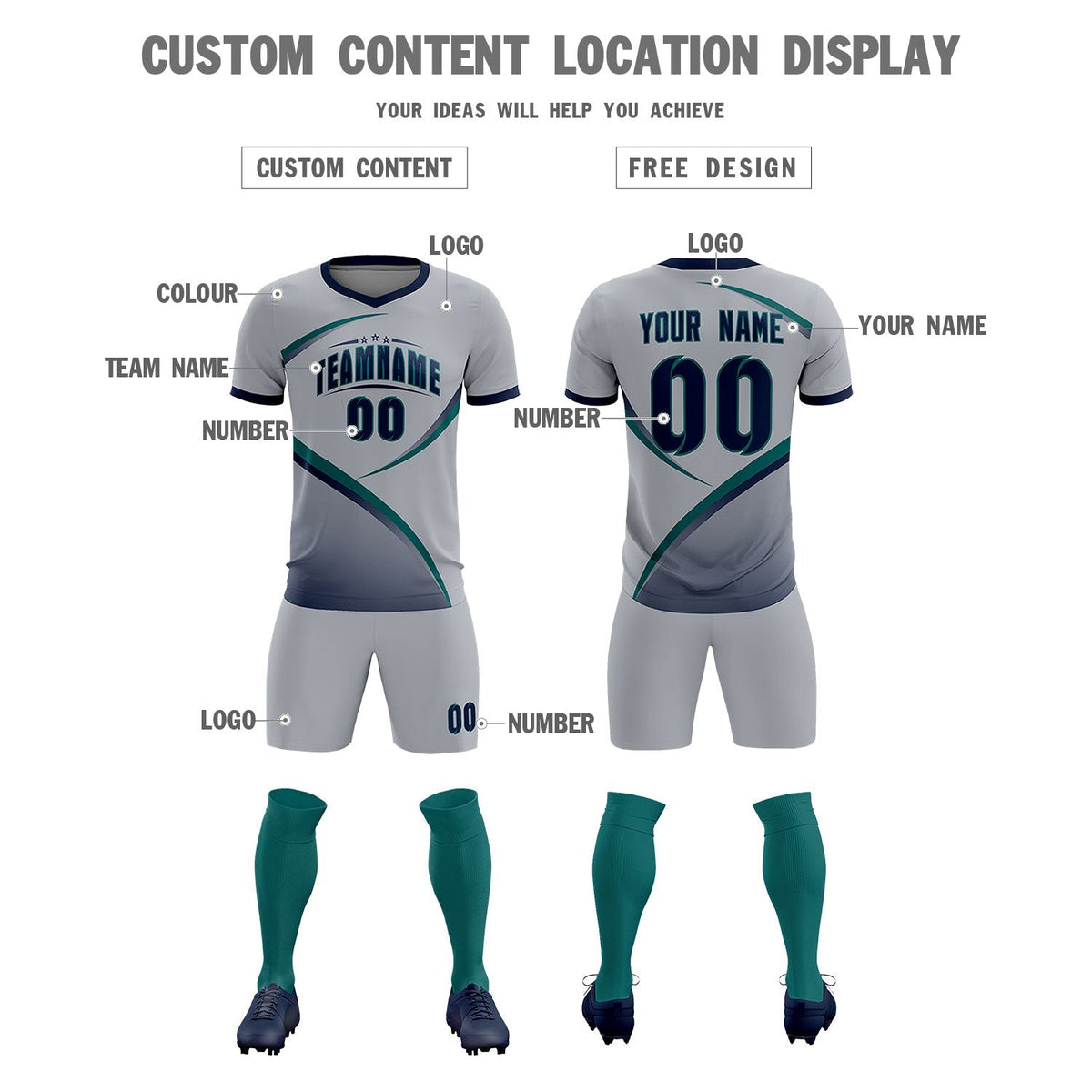 Custom Gray Navy Color Block Training Uniform For Men Football Kits Jersey