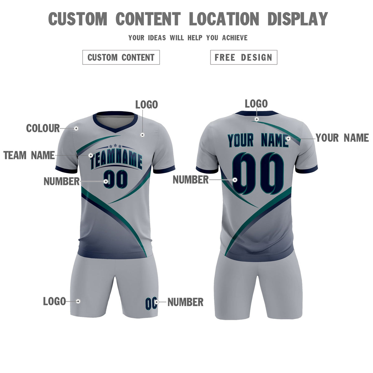 Custom Gray Navy Color Block Training Uniform For Men Football Kits Jersey