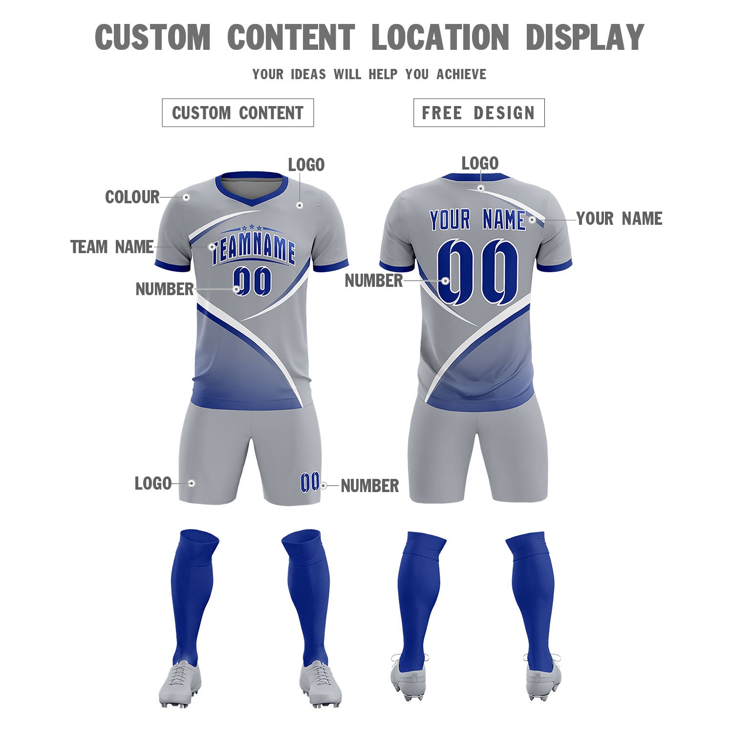Custom Gray Royal Color Block Training Uniform For Men Soccer Sets Jersey