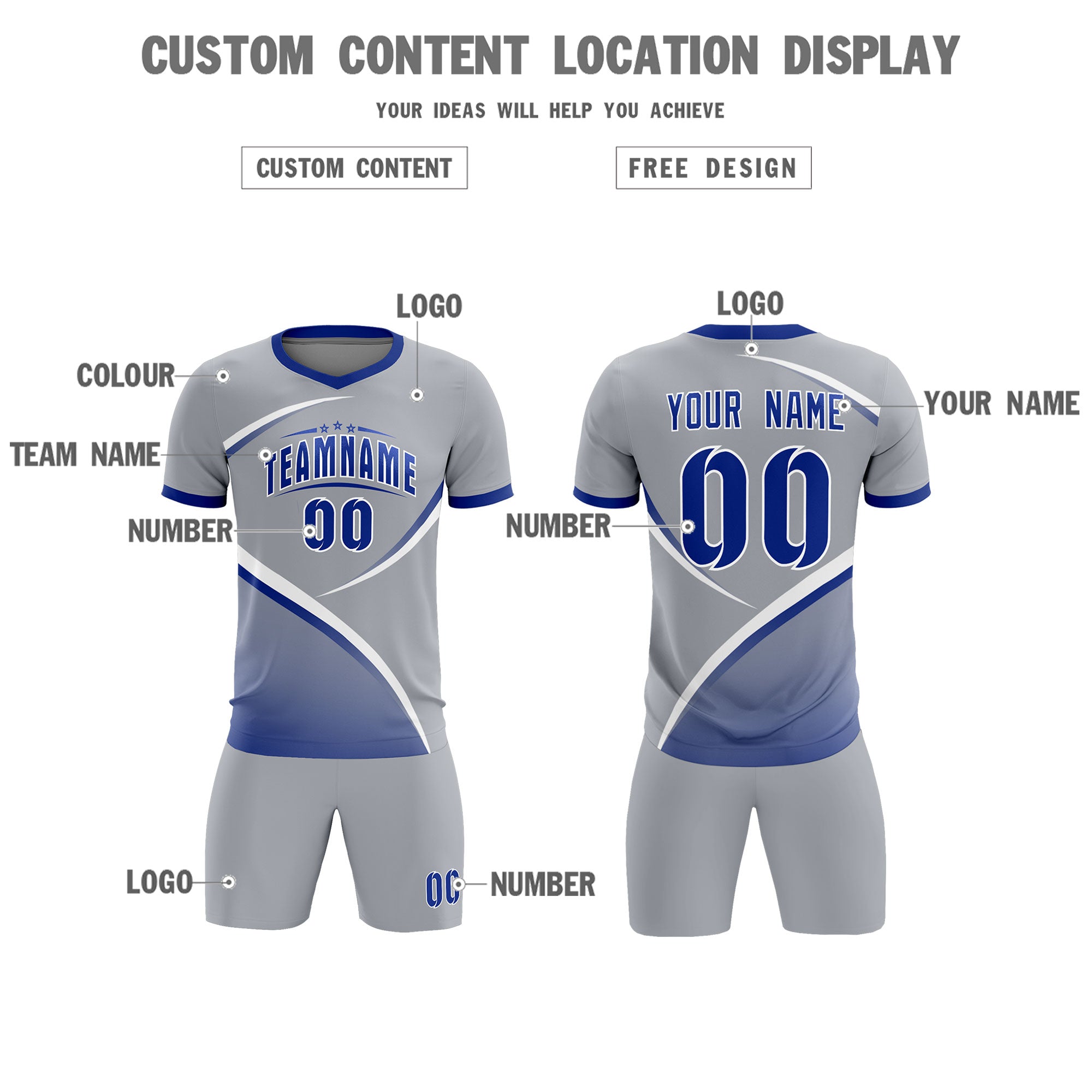 Custom Gray Royal Color Block Training Uniform For Men Soccer Sets Jersey